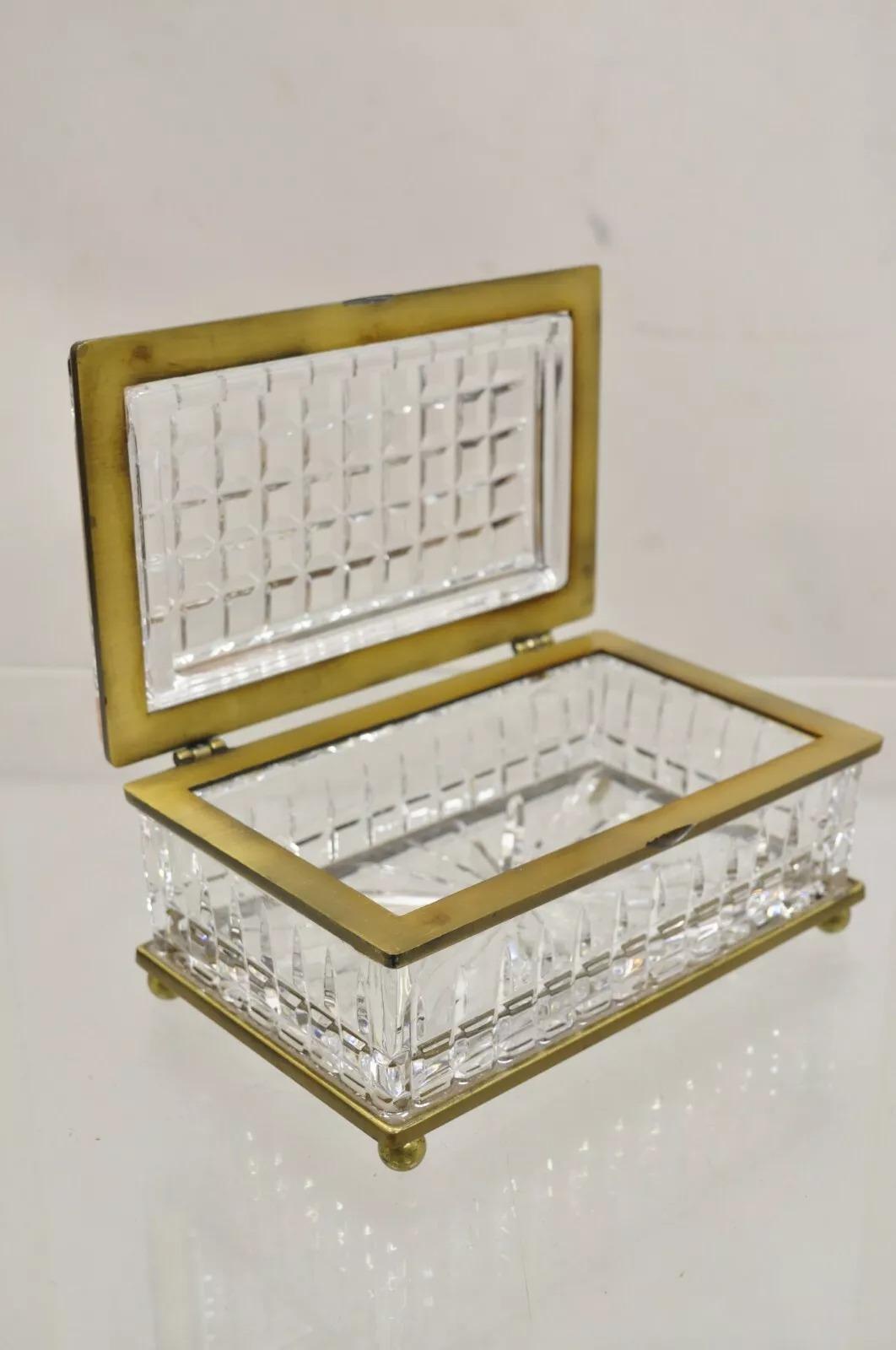 Antique French Crystal Heavy Lead Glass Bronze Mounted Vanity Jewelry Box Casket. Circa Early 20th Century. Measurements: 3.5