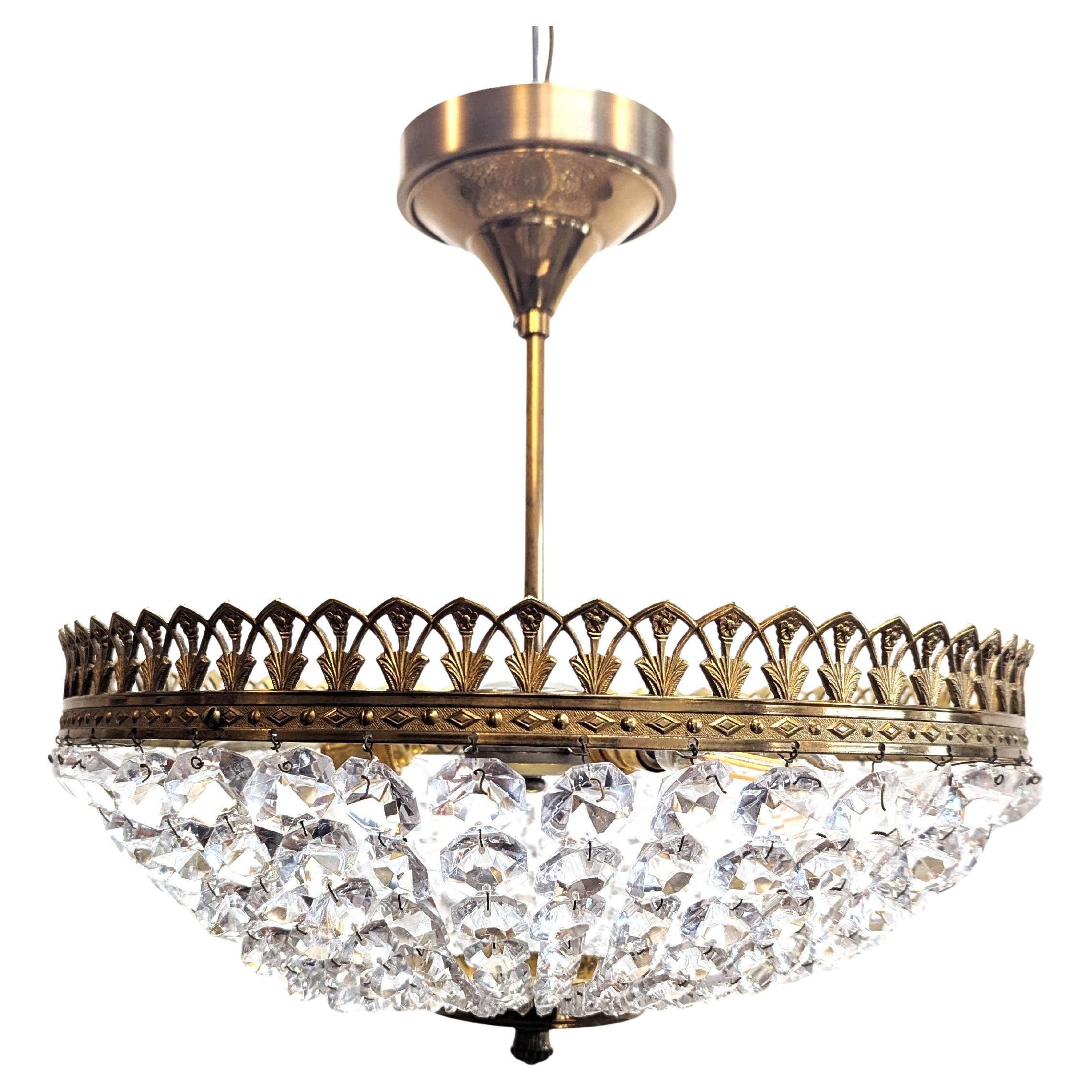 Antique French Crystal Pendant Semi Flush Chandelier