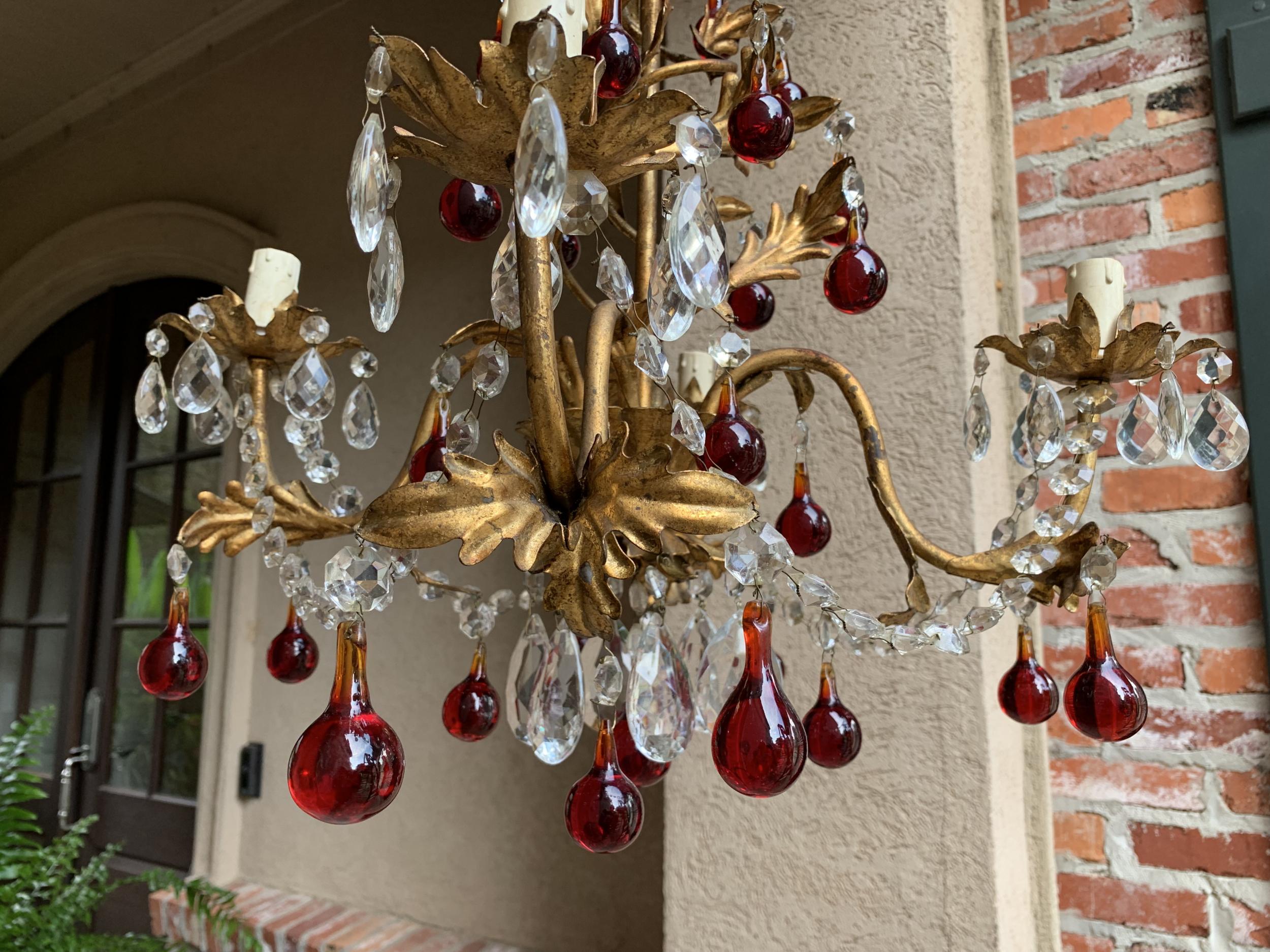 Antique French Crystal Prism Chandelier Murano Glass Red Drop Gold Gilt 4 Arm For Sale 2
