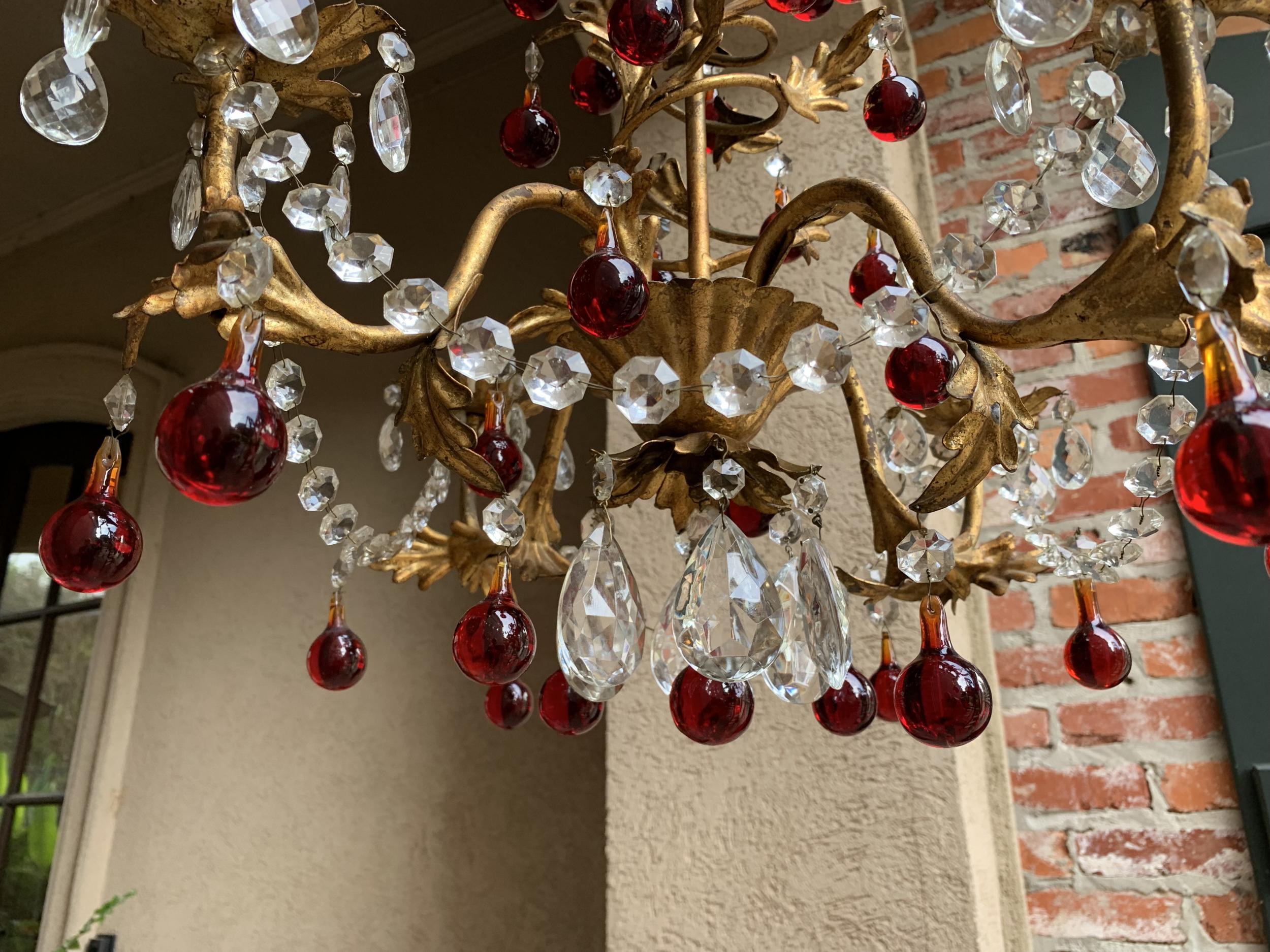 Antique French Crystal Prism Chandelier Murano Glass Red Drop Gold Gilt 4 Arm For Sale 3