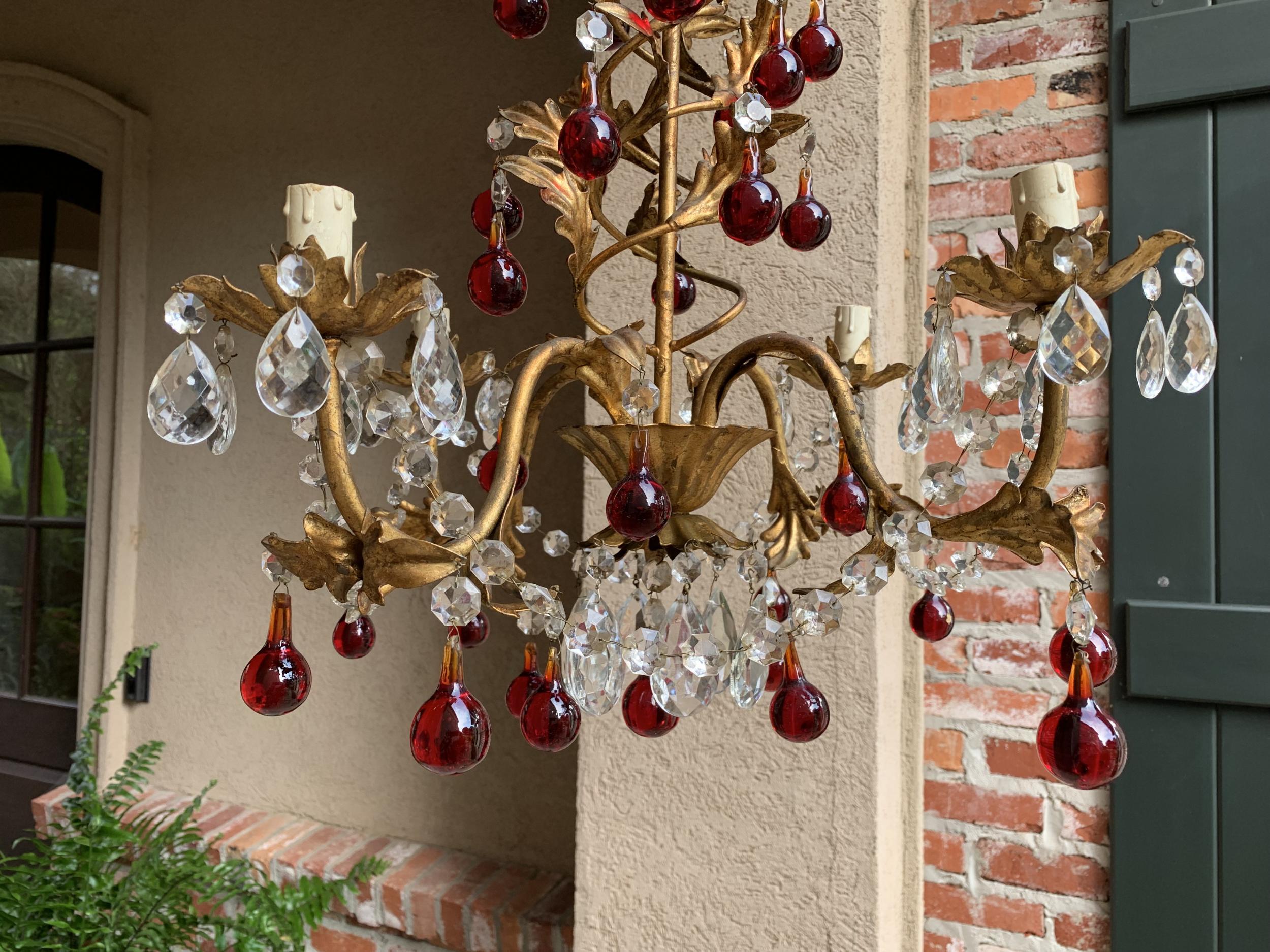 Antique French Crystal Prism Chandelier Murano Glass Red Drop Gold Gilt 4 Arm For Sale 7