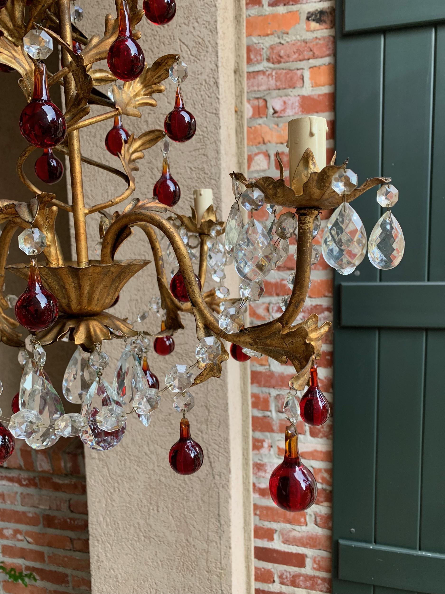 Antique French Crystal Prism Chandelier Murano Glass Red Drop Gold Gilt 4 Arm For Sale 9