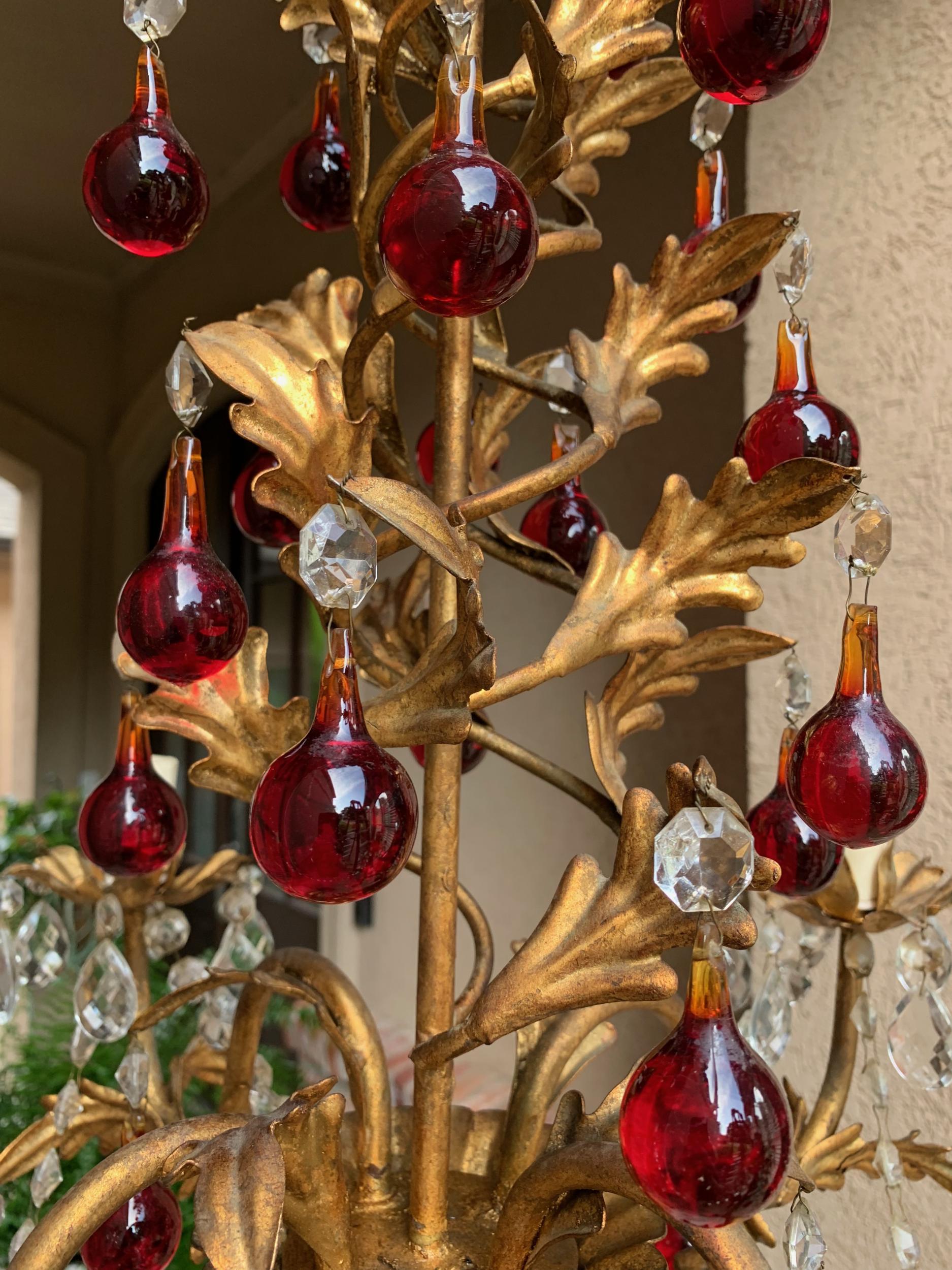 Antique French Crystal Prism Chandelier Murano Glass Red Drop Gold Gilt 4 Arm For Sale 11