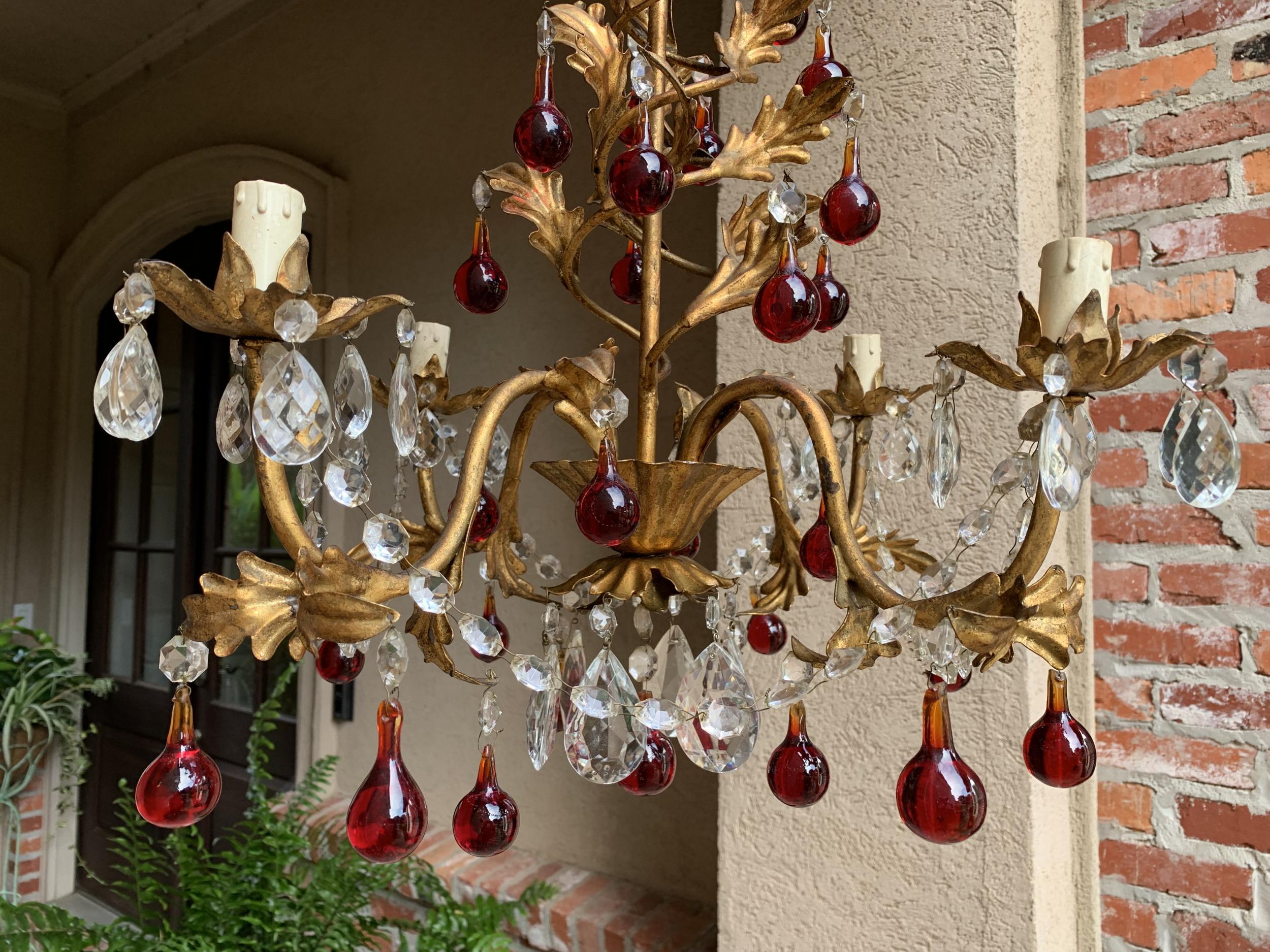 Louis XV Antique French Crystal Prism Chandelier Murano Glass Red Drop Gold Gilt 4 Arm For Sale
