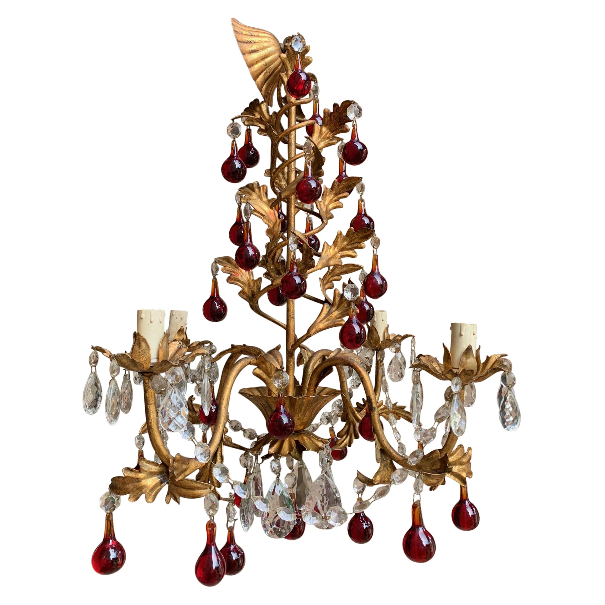 Antique French Crystal Prism Chandelier Murano Glass Red Drop Gold Gilt 4 Arm For Sale