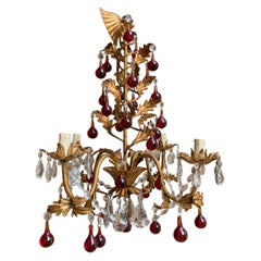 Antique French Crystal Prism Chandelier Murano Glass Red Drop Gold Gilt 4 Arm