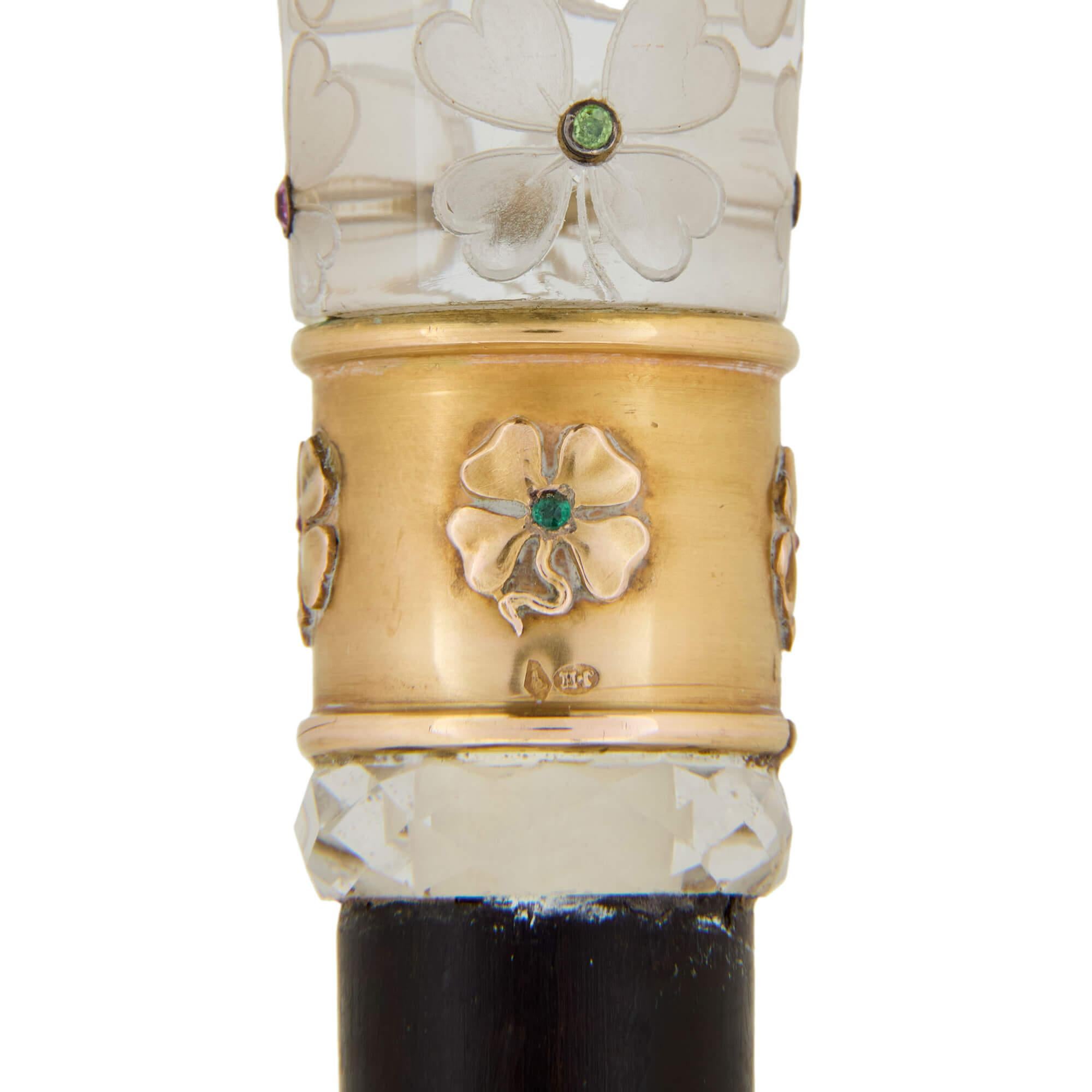 Carved Antique French Crystal, Vermeil and Gemstone Cane For Sale