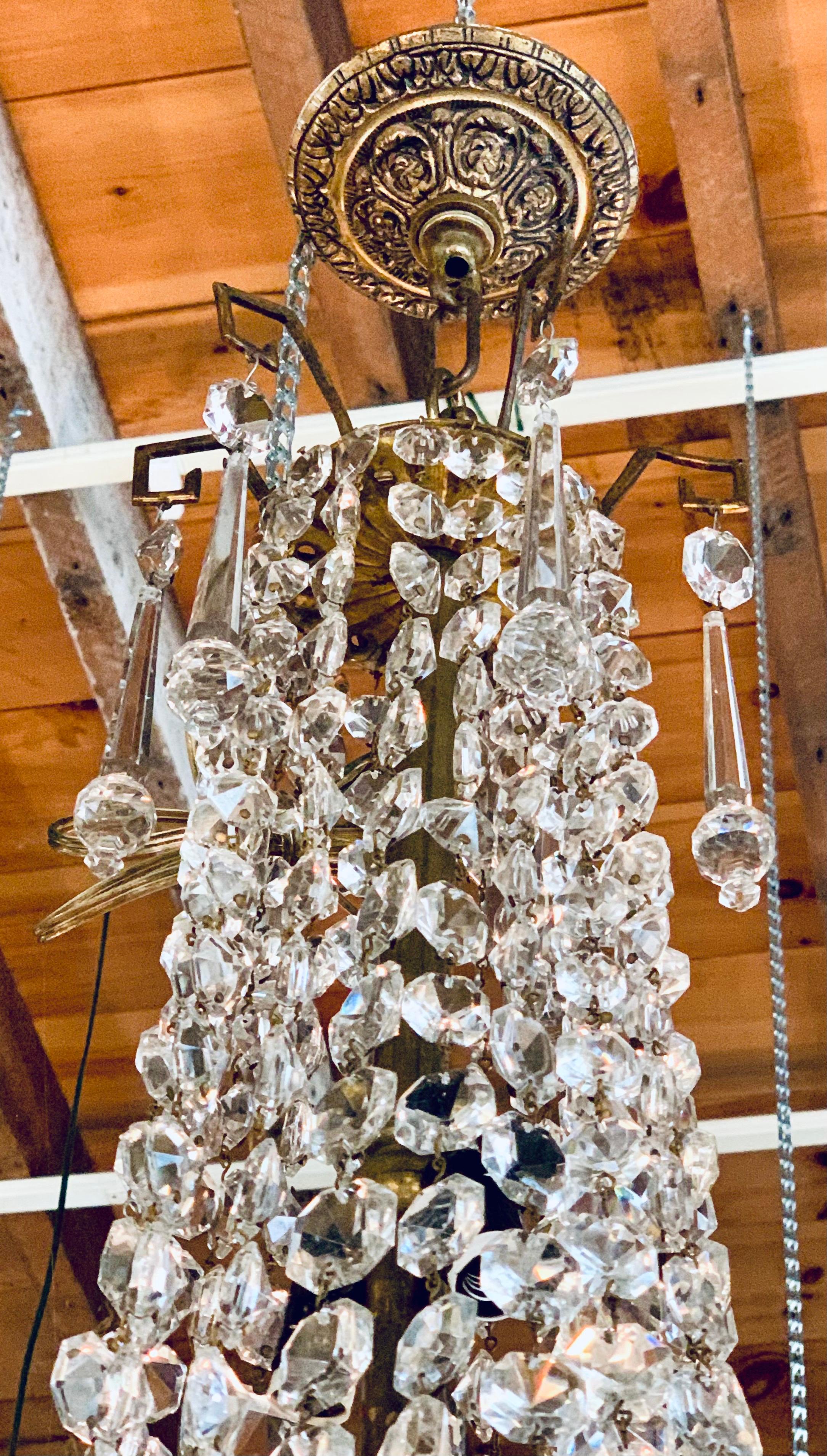 Antique French Crystal Waterfall Basket Chandelier In Good Condition In West Hartford, CT