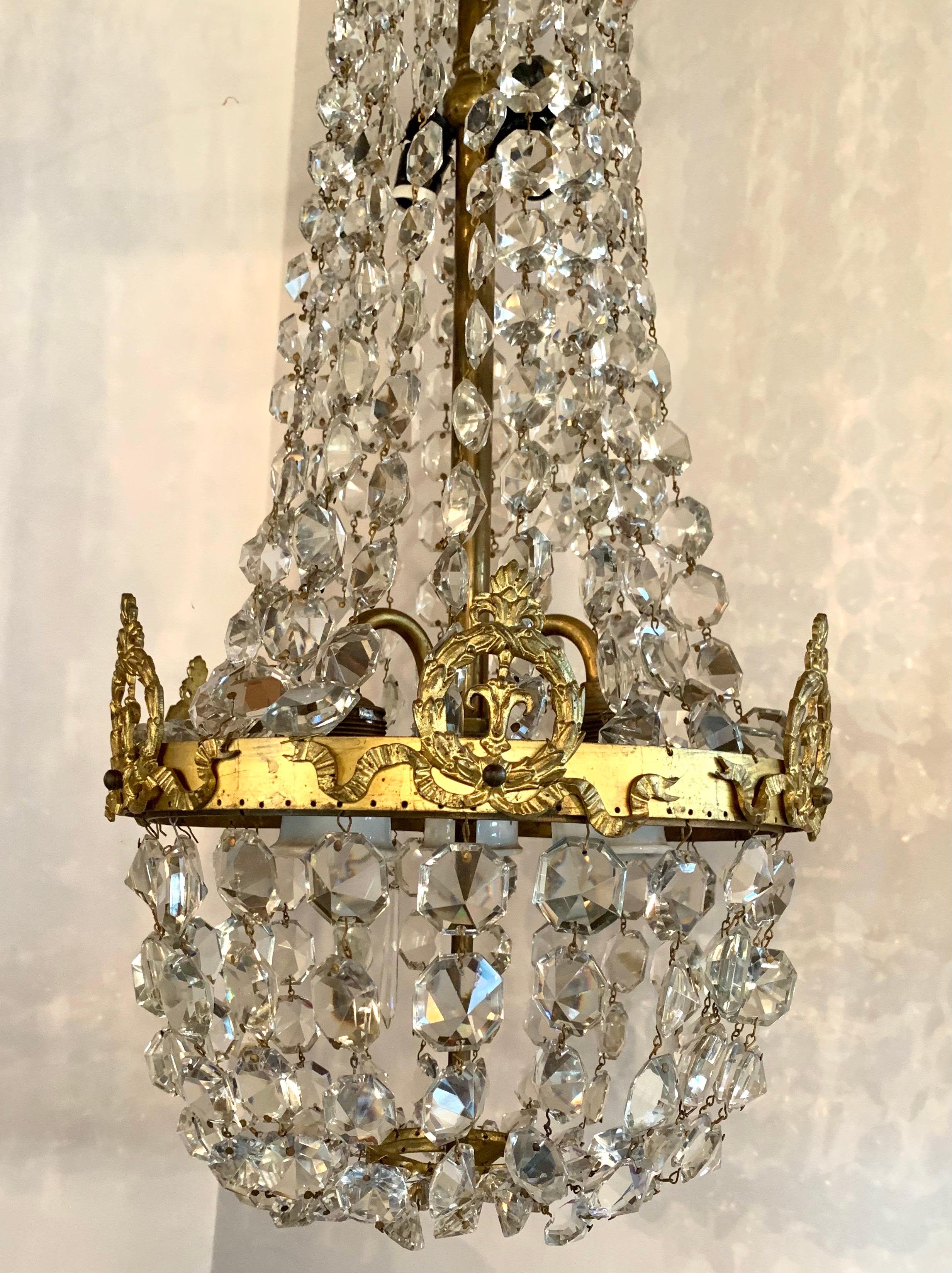 Bronze Antique French Crystal Waterfall Basket Chandelier