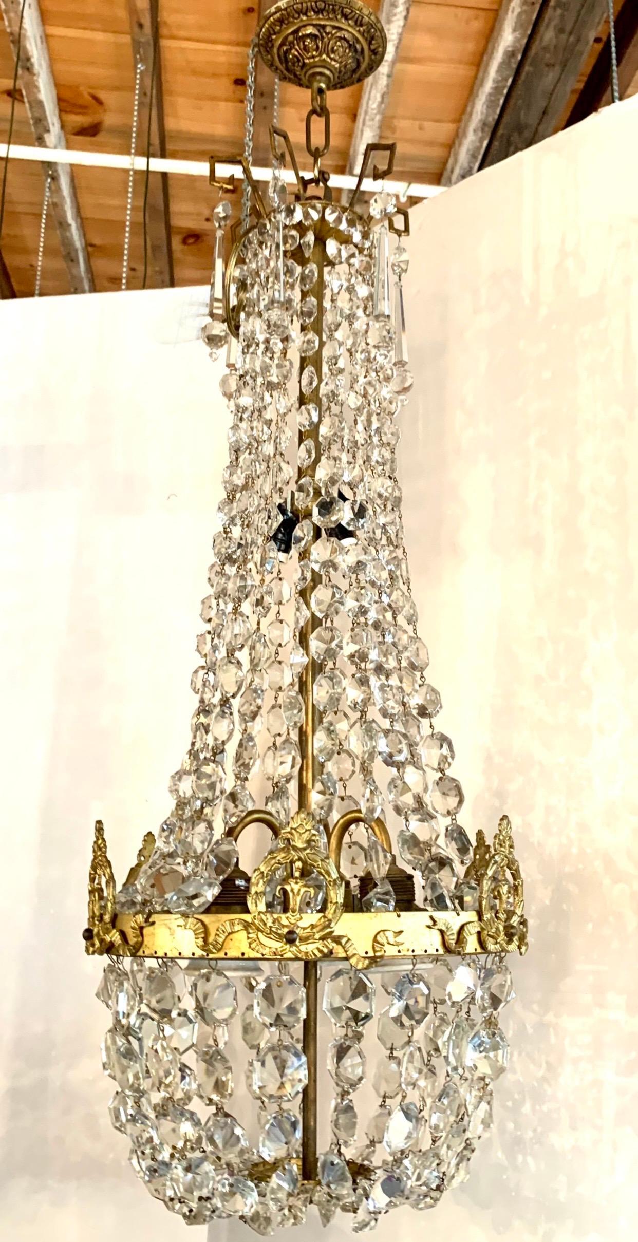 Antique French Crystal Waterfall Basket Chandelier 1