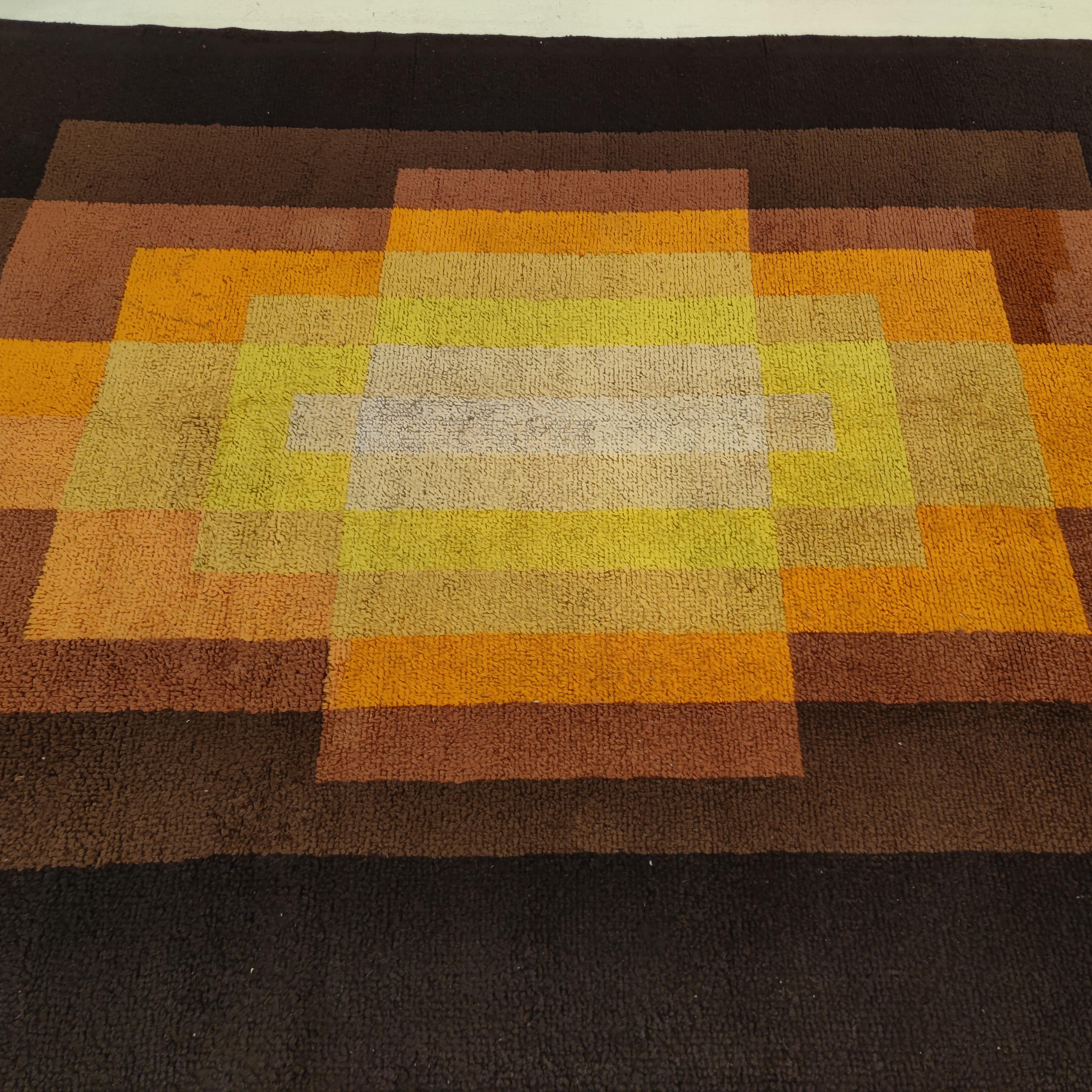 Hand-Knotted Antique French Cubist Art Deco Rug in Yellow, Tan and Dark Brown For Sale