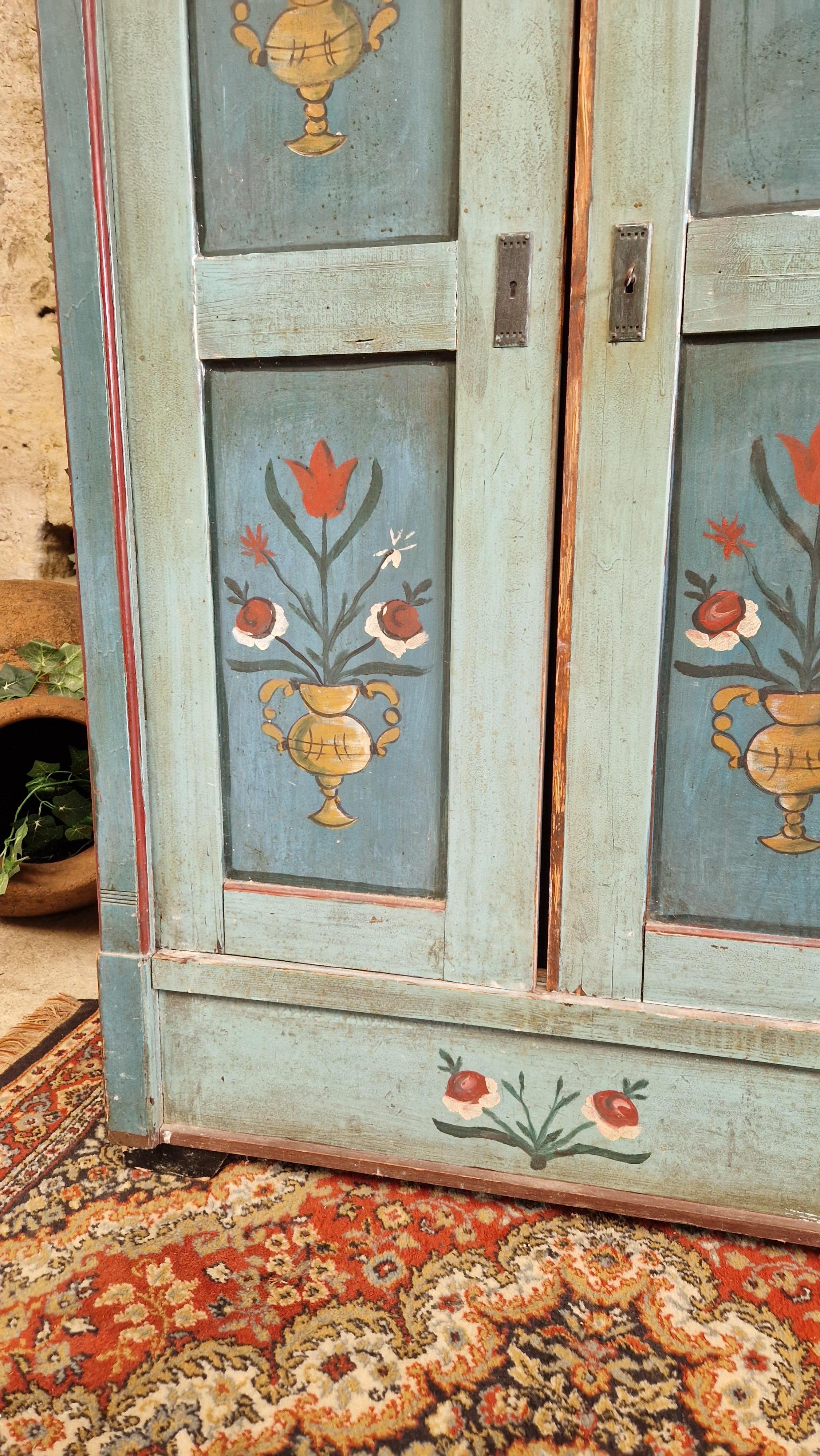 Folk Art Cupboard Hand Painted French Turquoise For Sale at 1stDibs