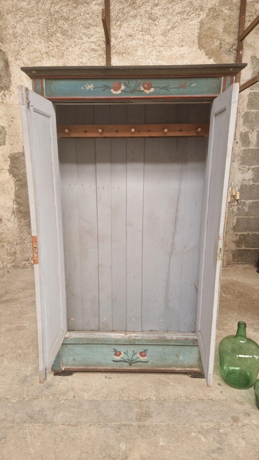 Folk Art Cupboard Hand Painted French Turquoise For Sale at 1stDibs