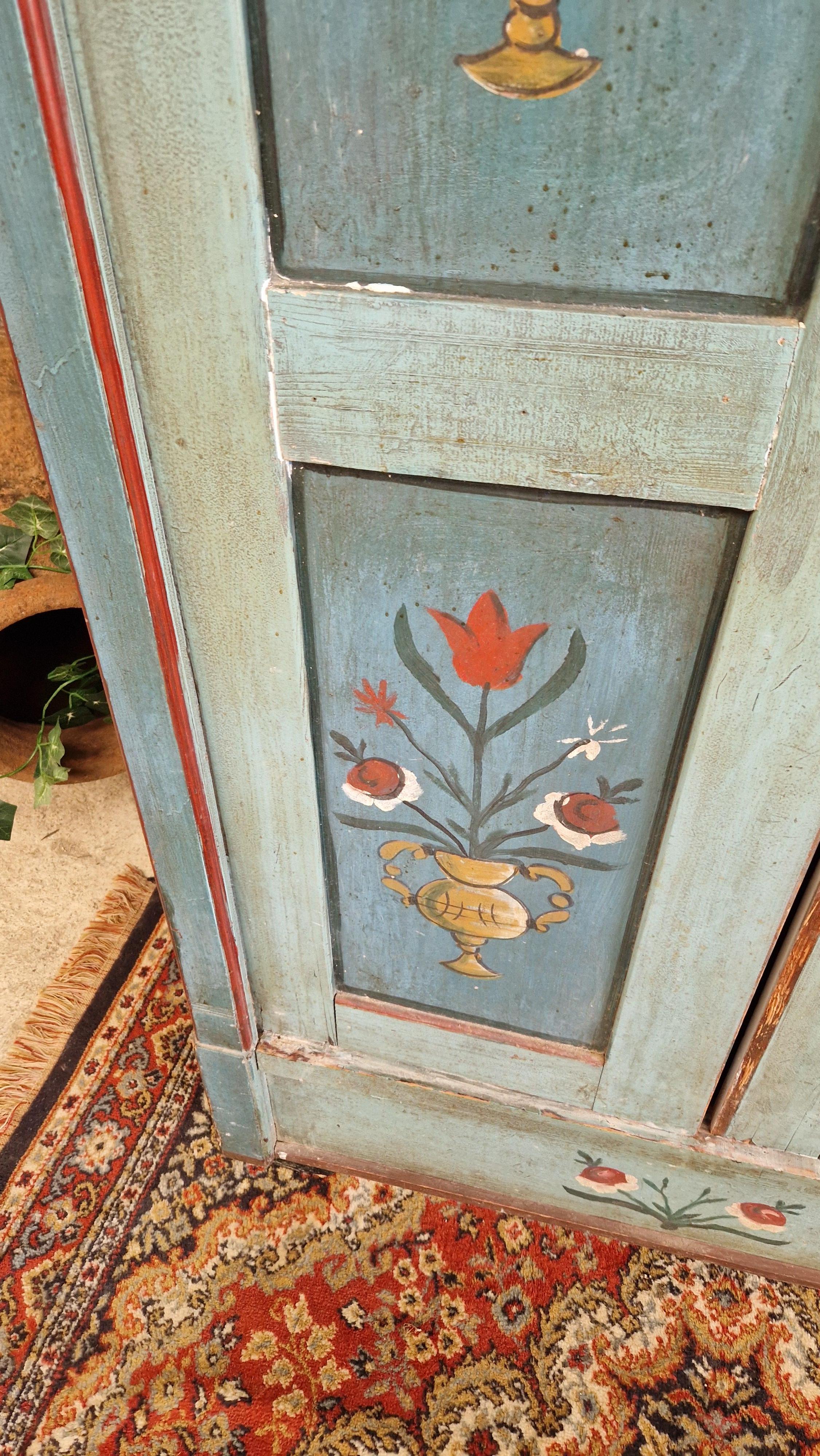 Folk Art Cupboard Hand Painted French Turquoise For Sale at 1stDibs