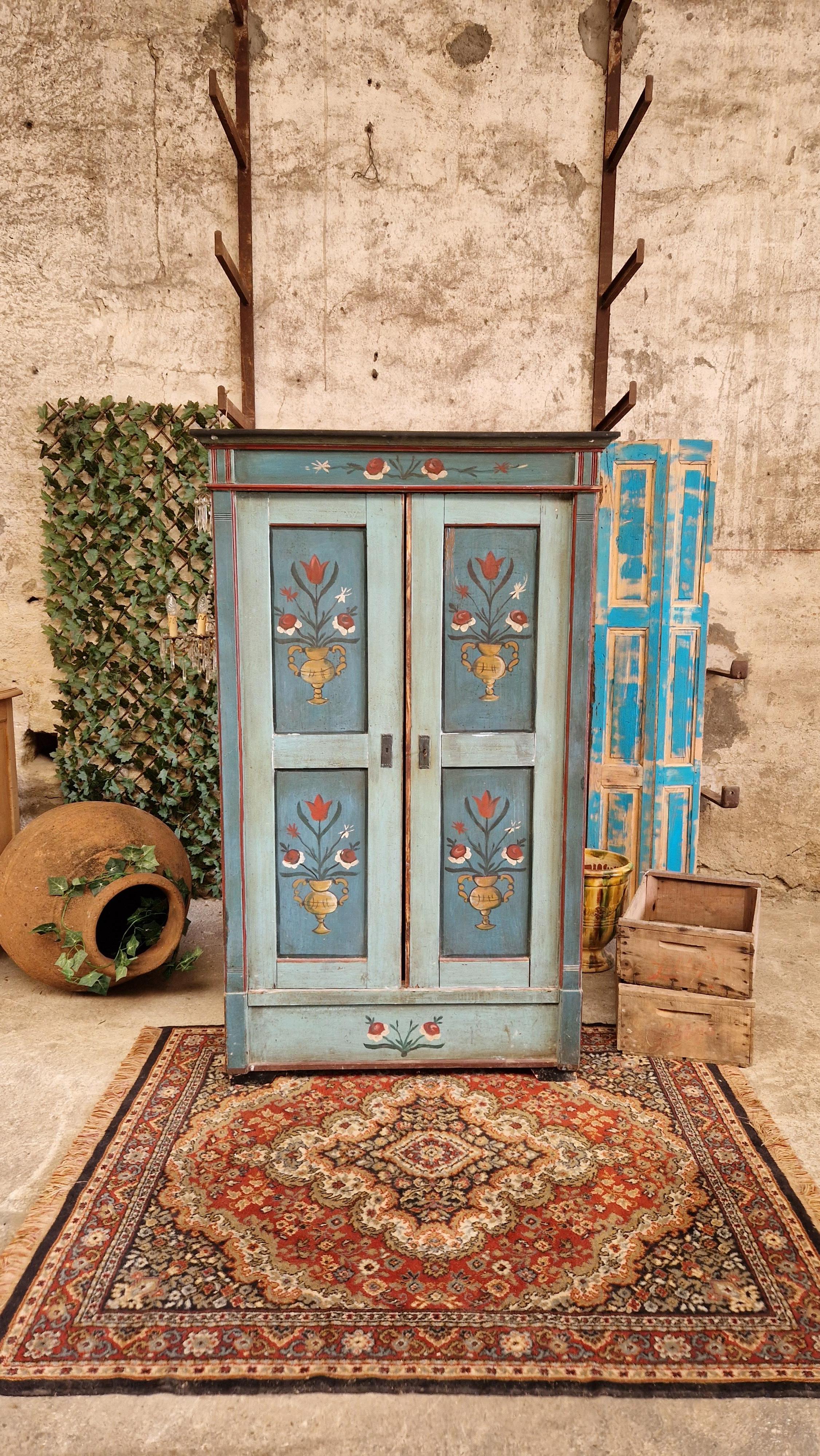 Folk Art Cupboard Hand Painted French Turquoise For Sale at 1stDibs