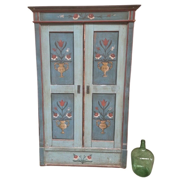 Antique French Cupboard Hand Painted Folk Art Style Old