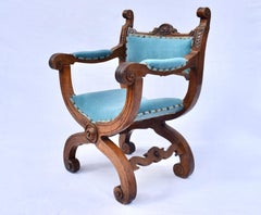 Antique French Curule Throne Chair in Mohair