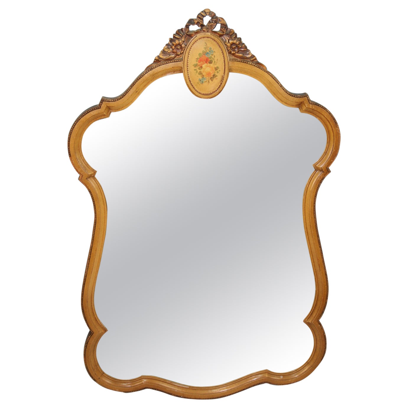 Antique French Curved Mirror with Painted Pediment
