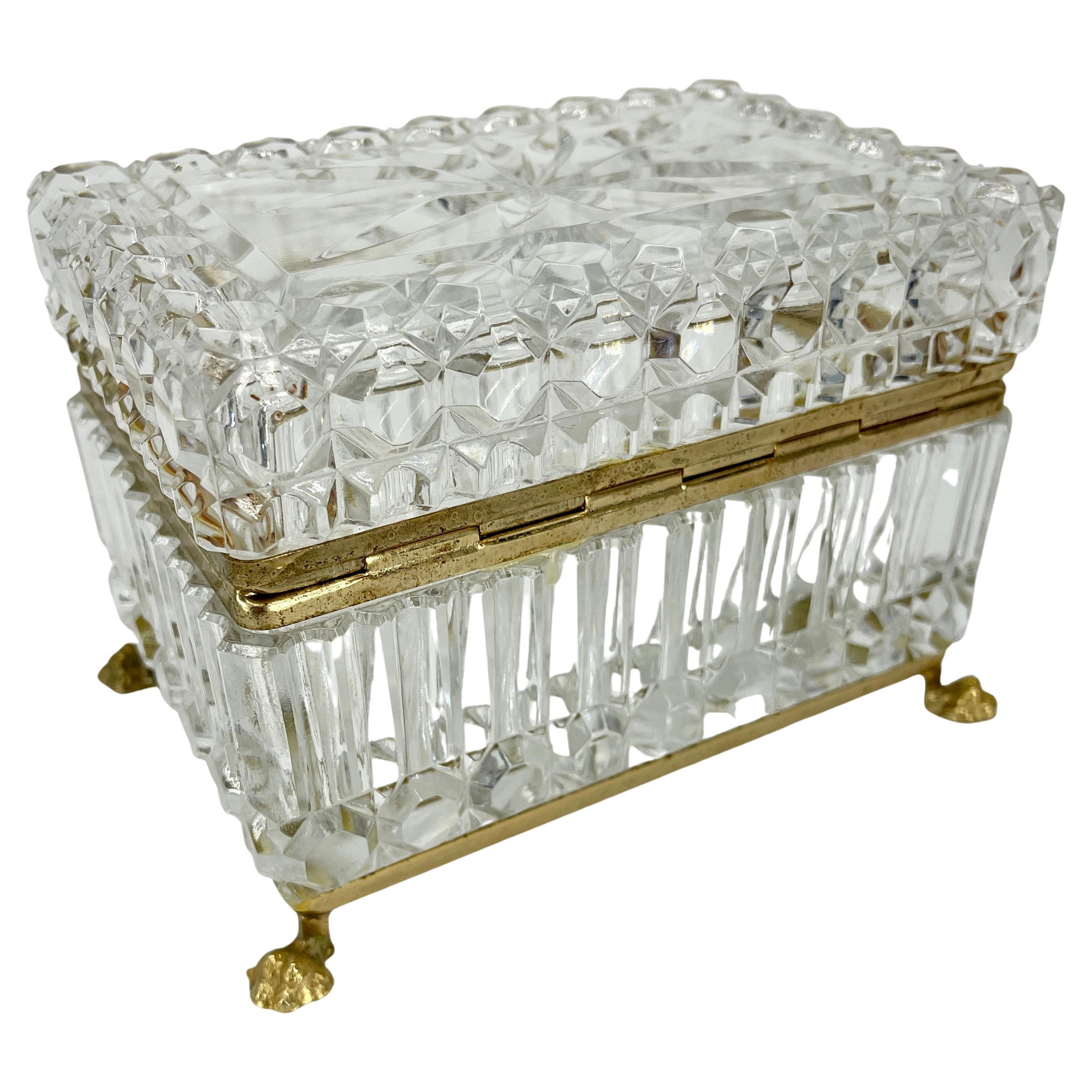 Mid-Century Modern Antique French Cut Crystal and Brass Jewelry Box, Vanity Box or Candy Dish