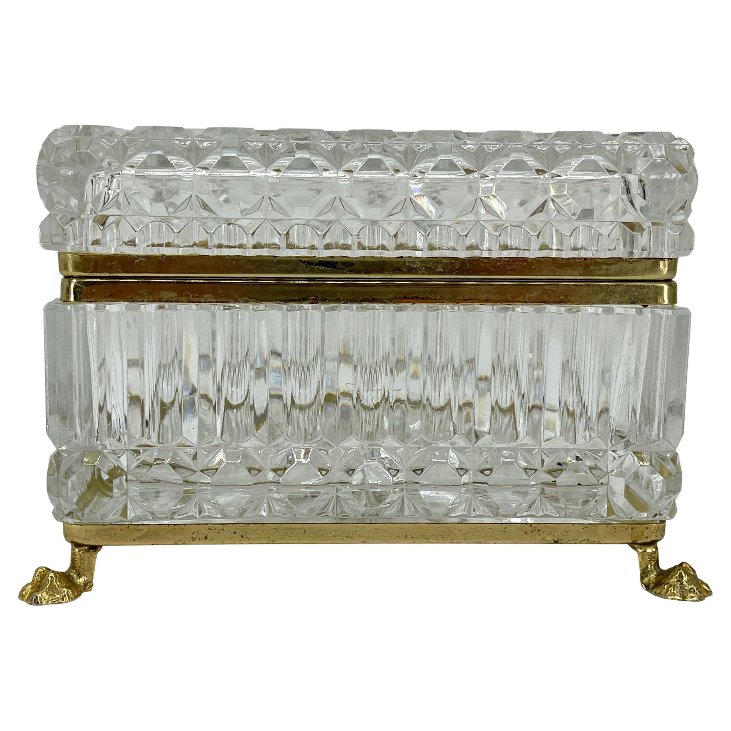 Faceted Antique French Cut Crystal and Brass Jewelry Box, Vanity Box or Candy Dish