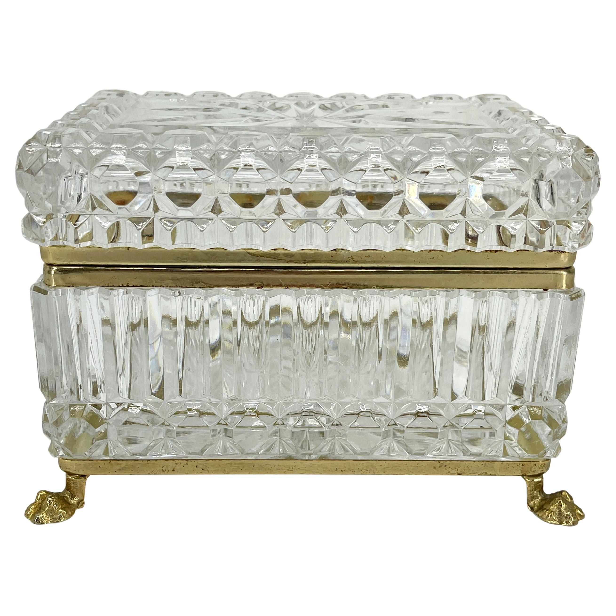 Antique French Cut Crystal and Brass Jewelry Box, Vanity Box or Candy Dish In Good Condition In Haddonfield, NJ