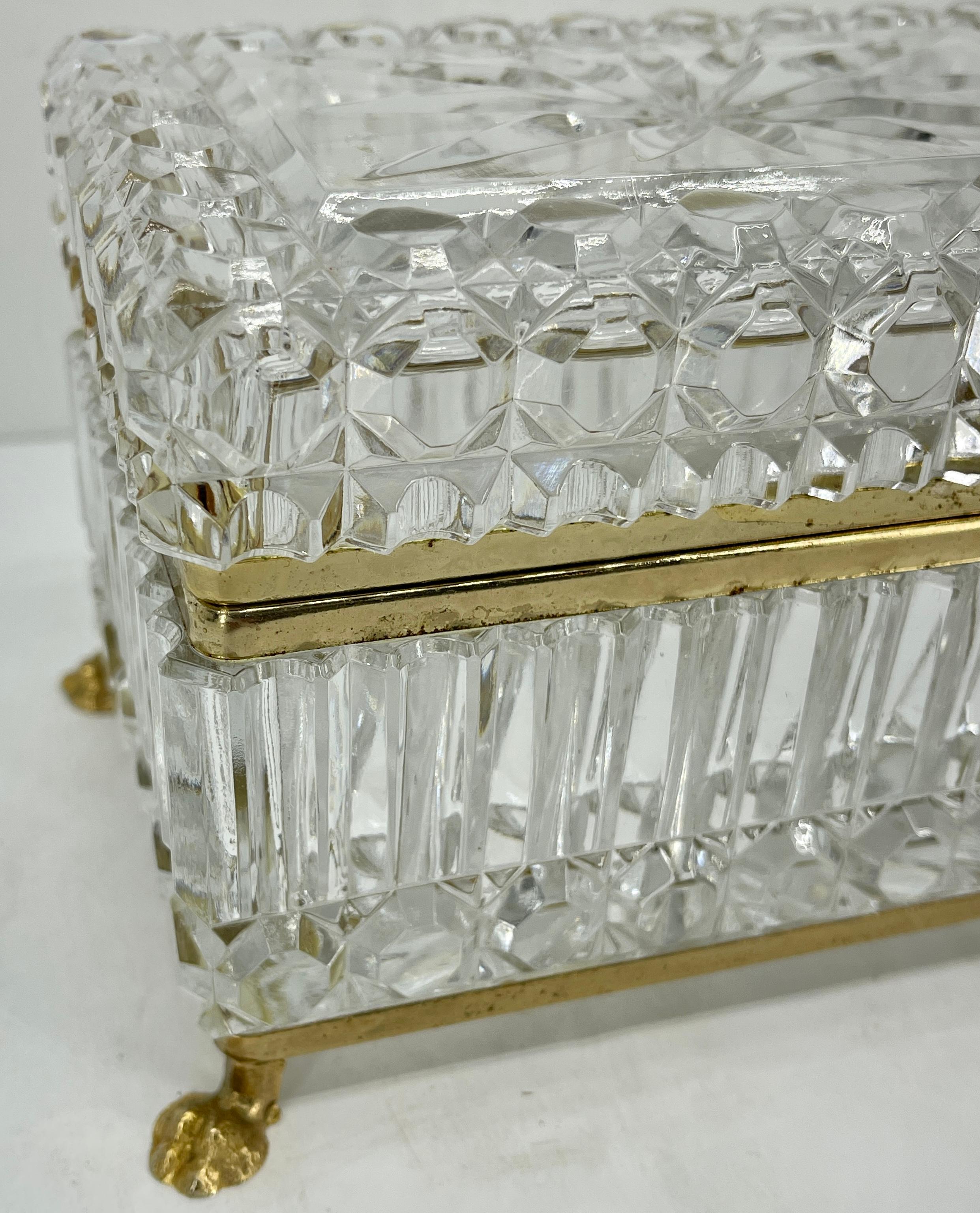 Mid-20th Century Antique French Cut Crystal and Brass Jewelry Box, Vanity Box or Candy Dish