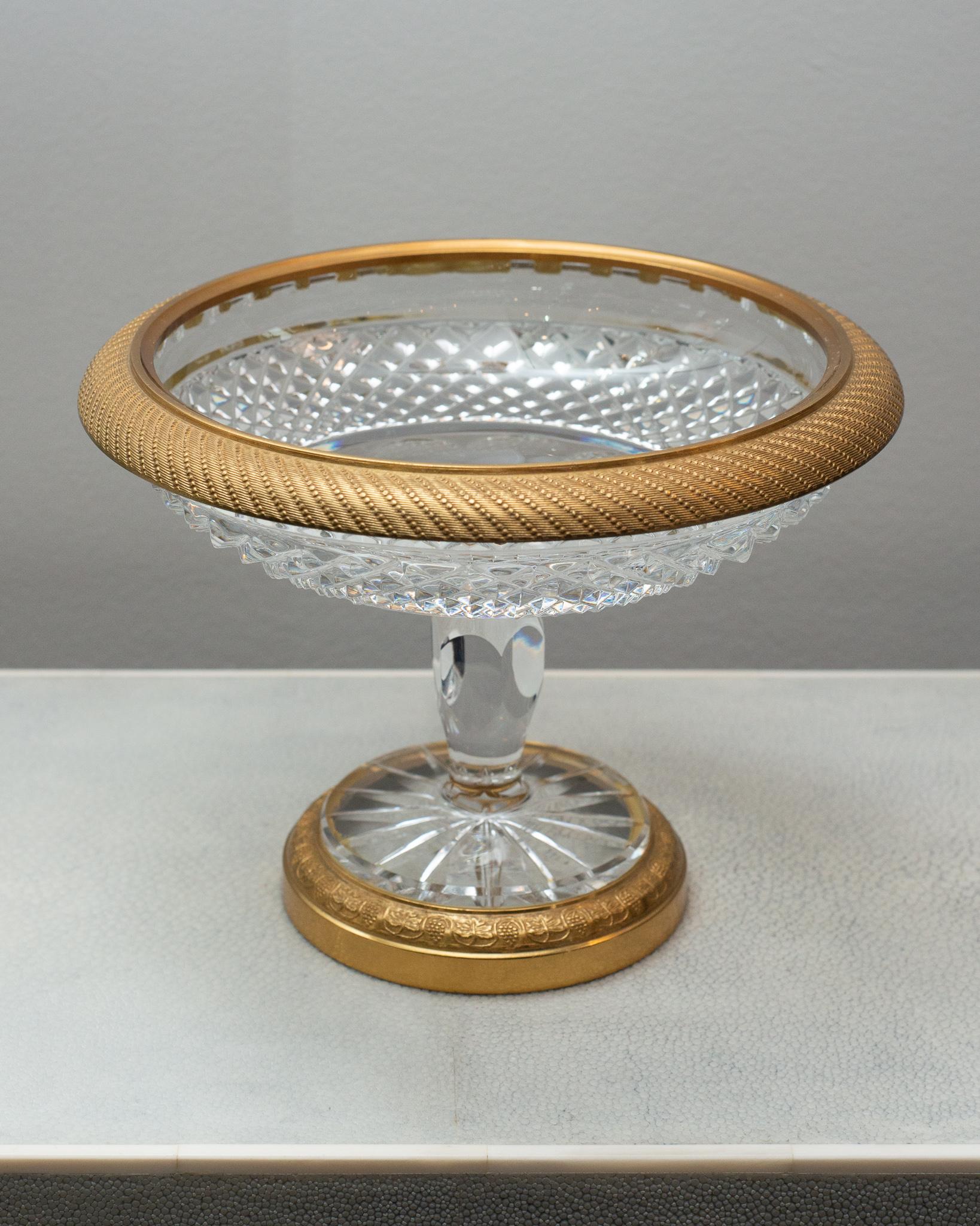 A stunning and beautifully made antique French cut crystal and bronze tazza, made circa 1900. Bronze trims are in excellent condition for their age and the elaborate hand cut crystal catches the light.