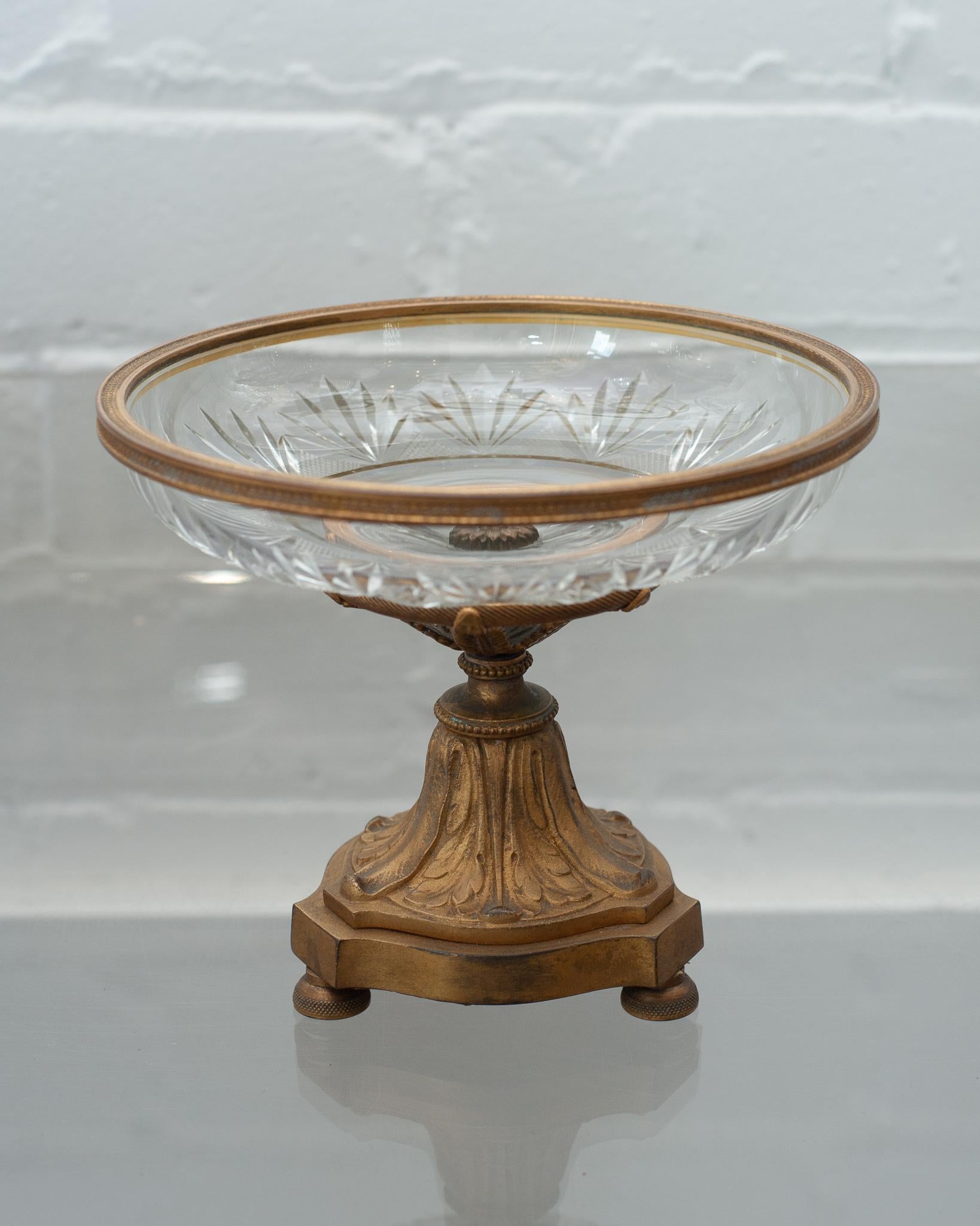 A stunning and beautifully made antique French cut crystal and bronze tazza, made circa 1890. Bronze trims are in excellent condition for their age and the elaborate hand cut crystal catches the light.