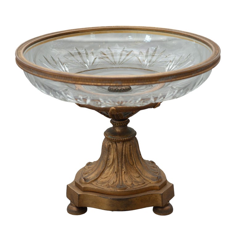 Antique French Cut Crystal and Bronze Tazza / Compote / Dish For Sale