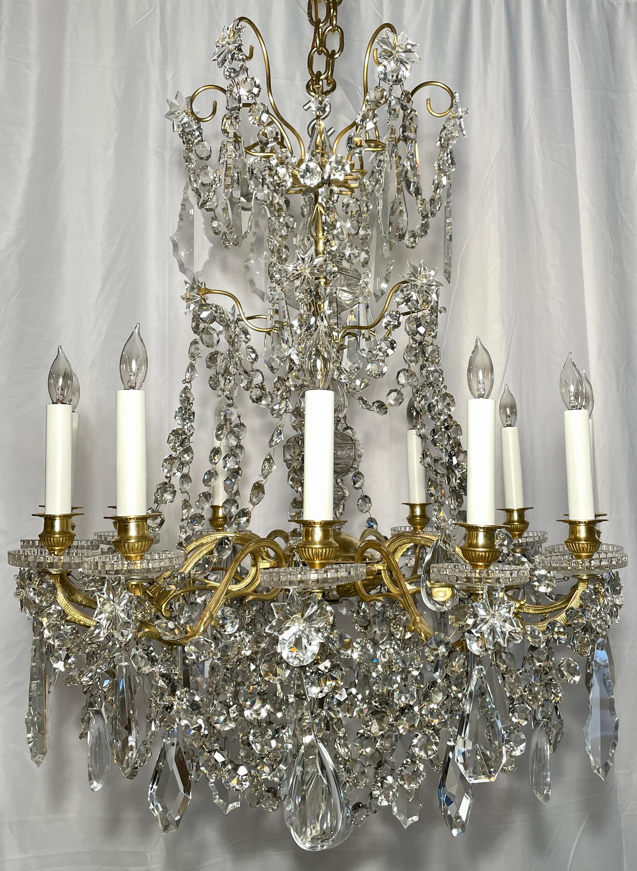 Antique French Finest Cut Crystal and Gold Bronze 12-Light Chandelier, Circa 1875-1895.