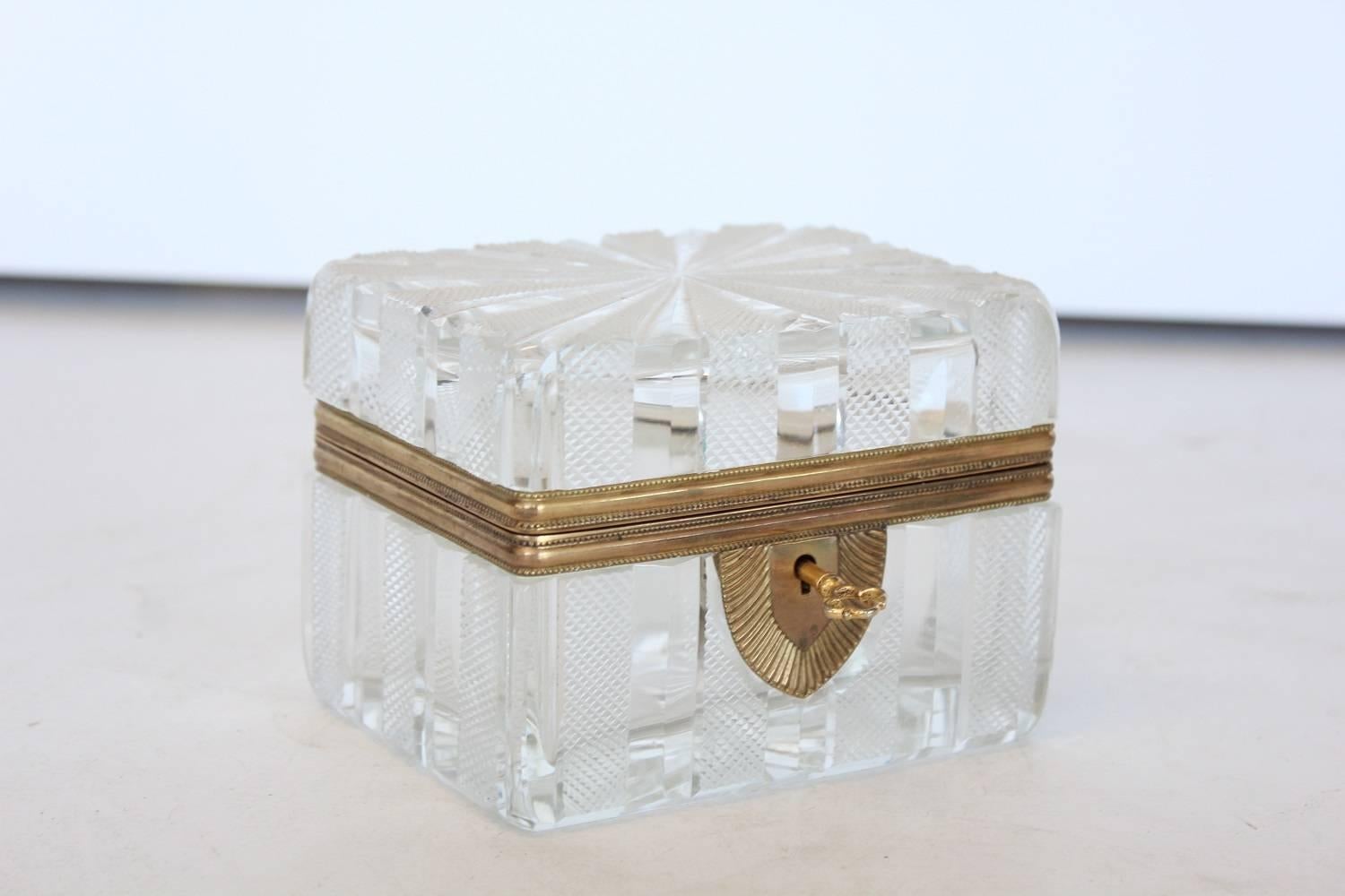 Antique French cut crystal box with bronze mounts.