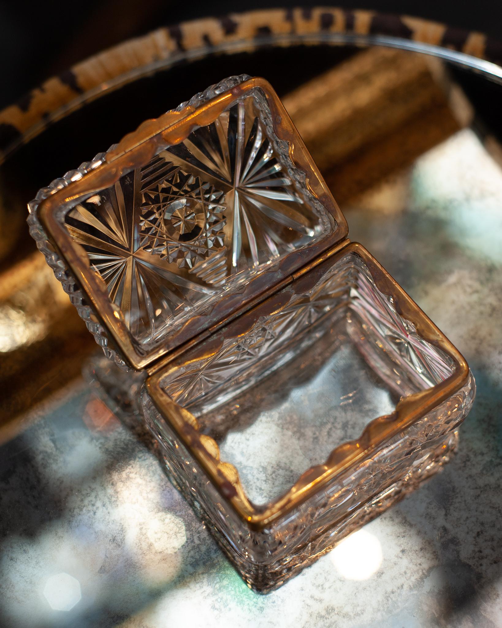 20th Century Antique French Cut Crystal Box with Bronze Mounts