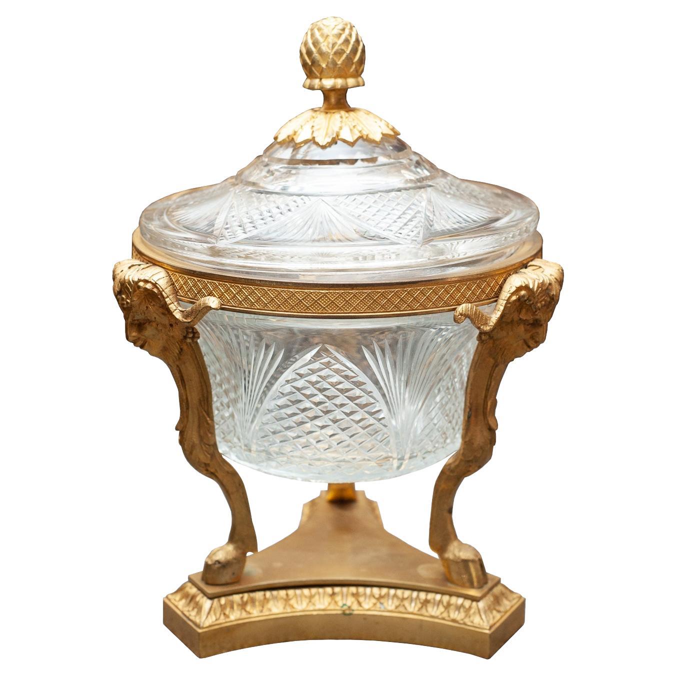 Antique French Cut Crystal Candy Bowl with Bronze Footed Base