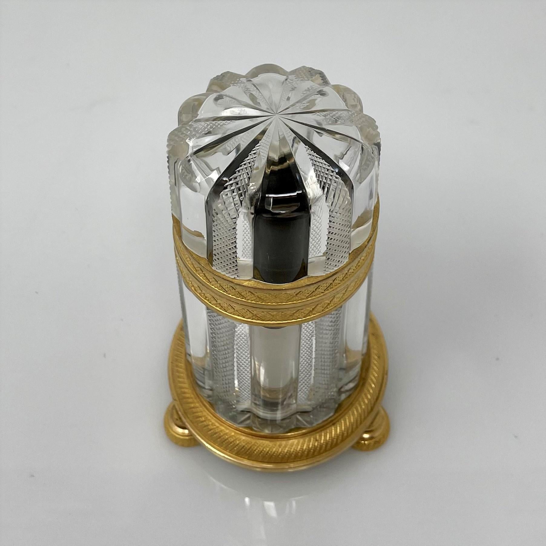 Petite Antique French cut crystal cylindrical trinket or jewel box with bronze D'ore Mounts, Circa 1890.