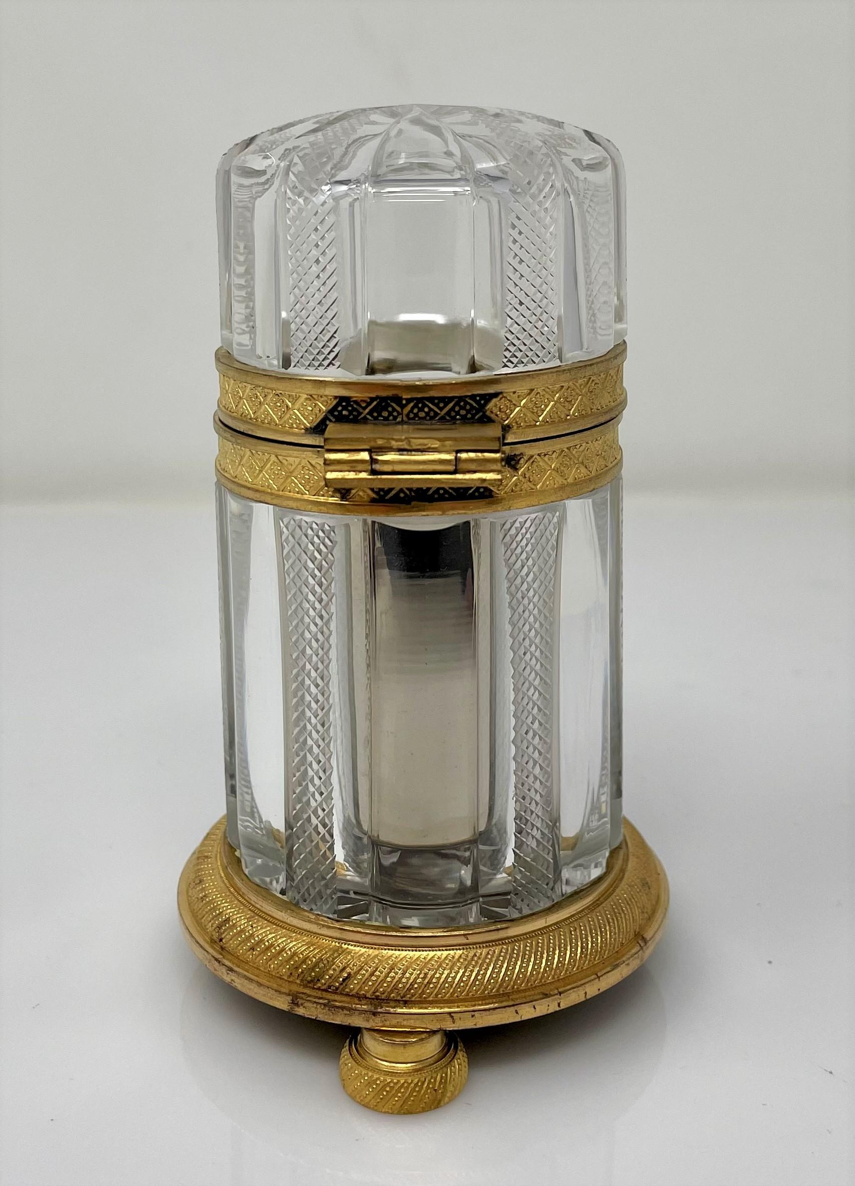 19th Century Antique French Cut Crystal Cylindrical Box with Bronze D'ore Mounts, Circa 1890