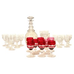 Antiguo Juego de Copas y Decantador de Cristal Tallado Francés, Siglo XIX