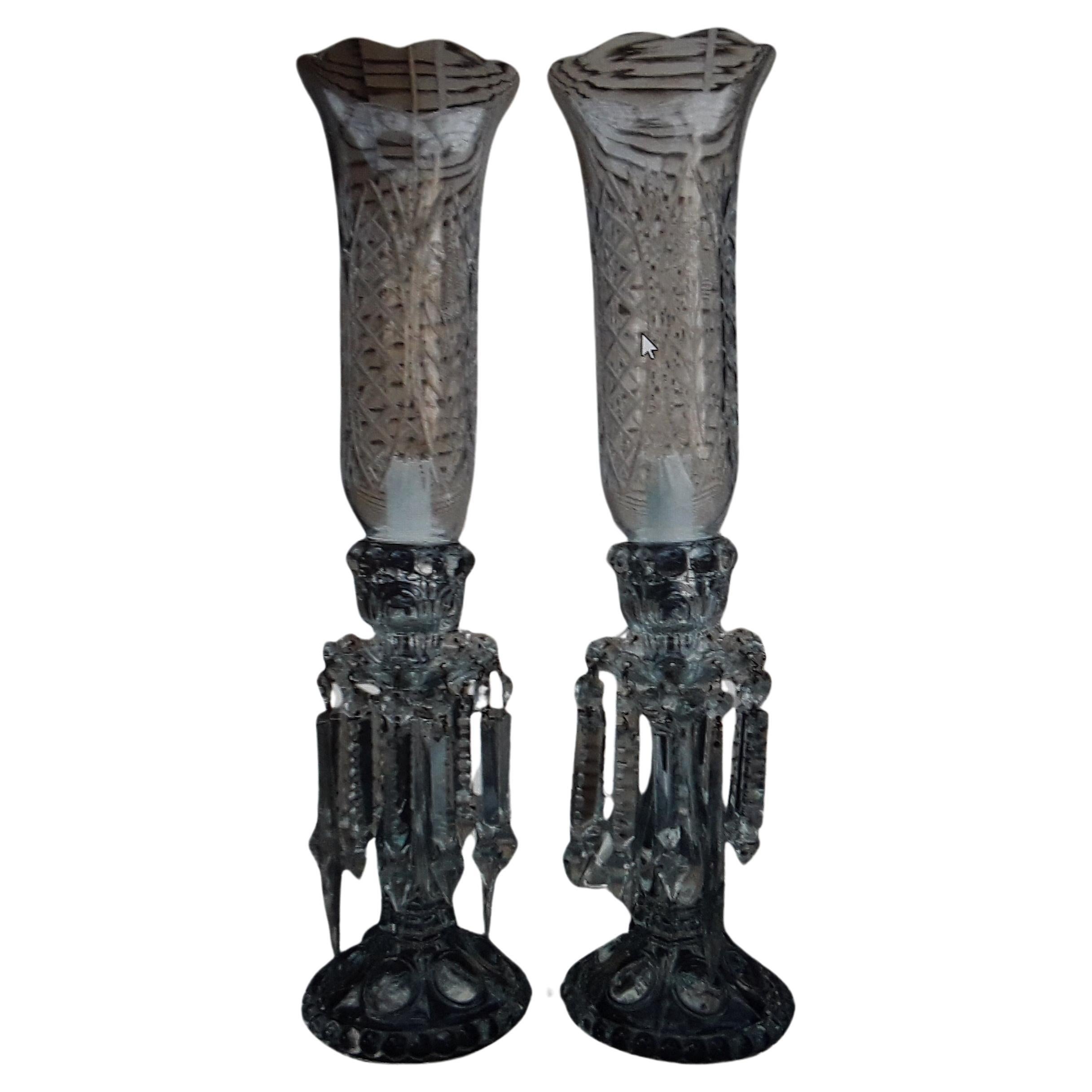 Pair French Hollywood Regency Crystal Table Lamps attrib. Baccarat. Medallion series with cut crystal shades.