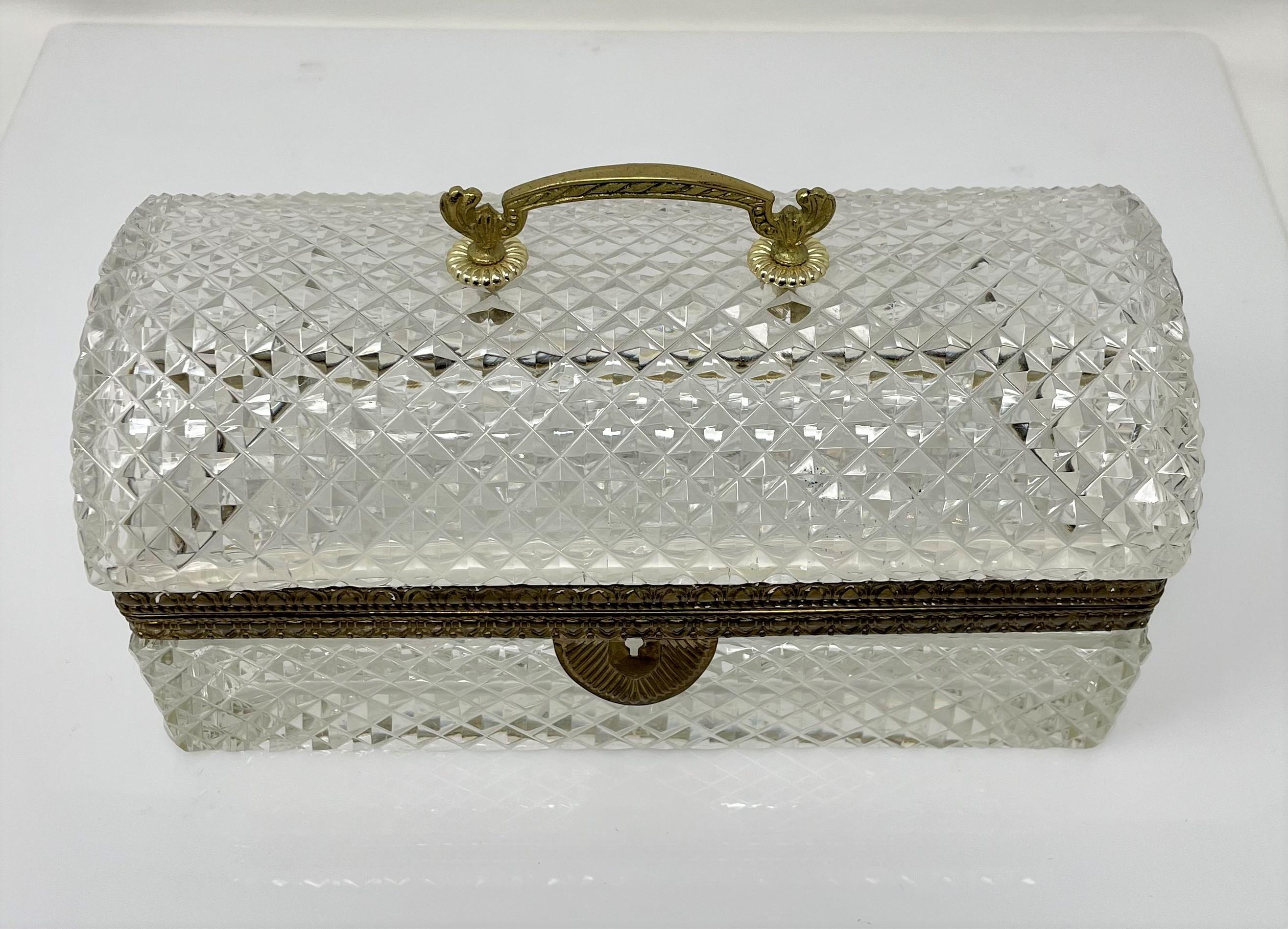 Antique French cut crystal jewel box with bronze d'ore mounts, Circa 1900-1920. 
Rectangular-shaped, referred to as a 