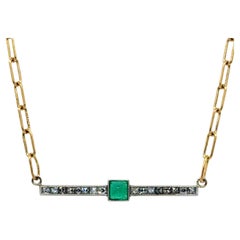 Antique French Cut Diamond and Sugarloaf Emerald Bar Necklace Plat/ 18K Gold
