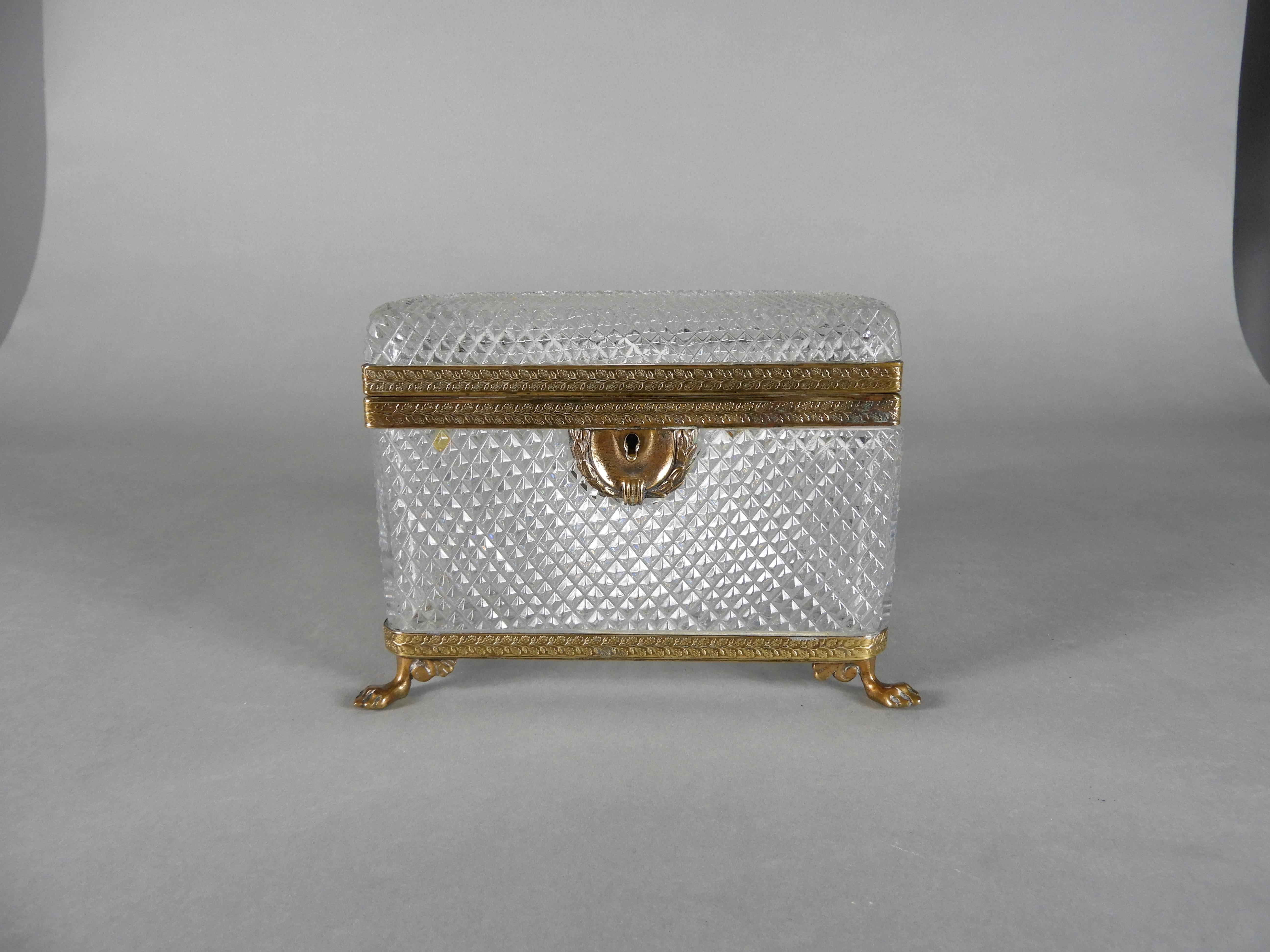 This large well-cut cuboid shaped box is of a type much favored by retailers of luxury items in Paris at the end of the 19th century, (and earlier). It is cut with a delicate all-over diamond pattern but with carefully chamfered edges, a mark of