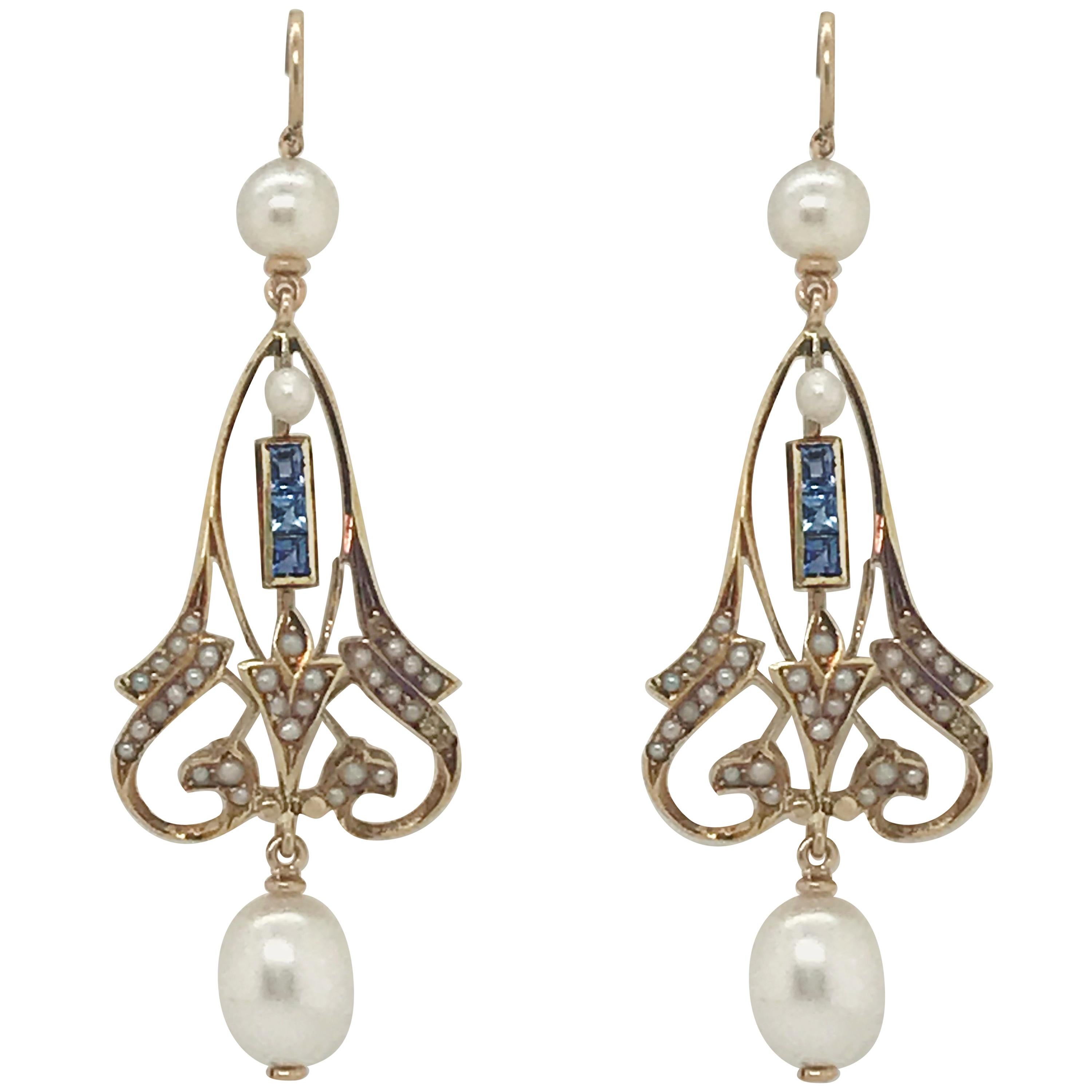 Antique French Cut Sapphire and Pearl Drop Earrings Set in 14 Karat Gold