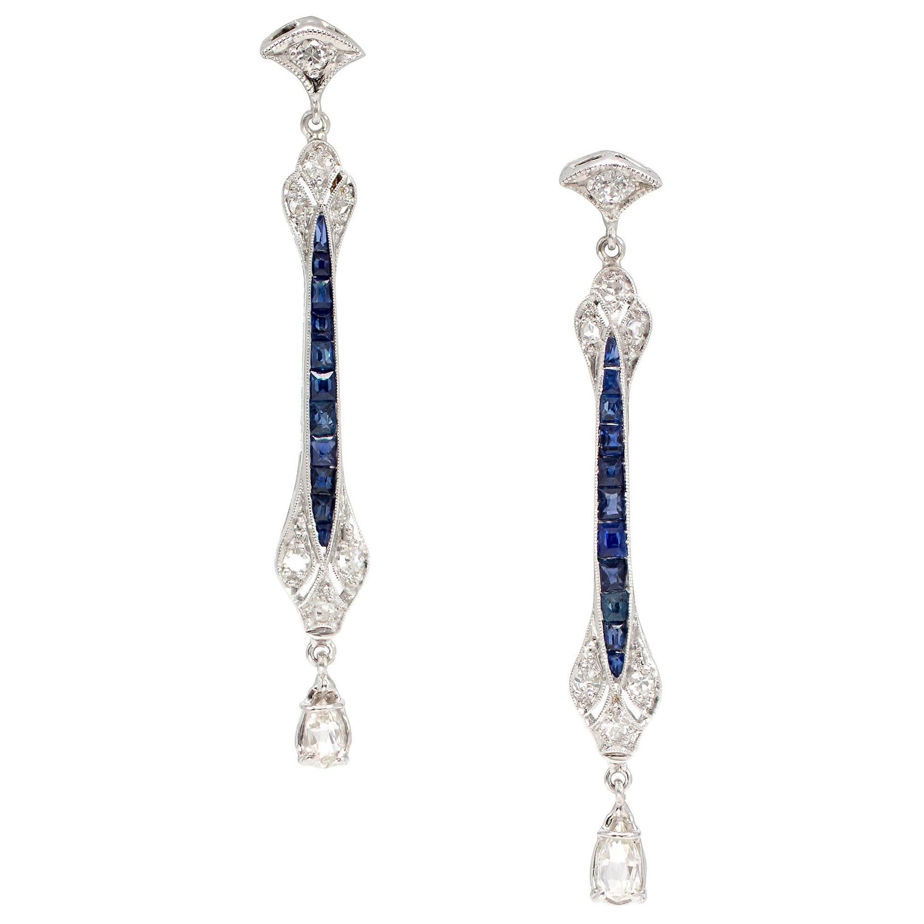 Antique French Cut Sapphires and Diamond Earrings Set in Platinum