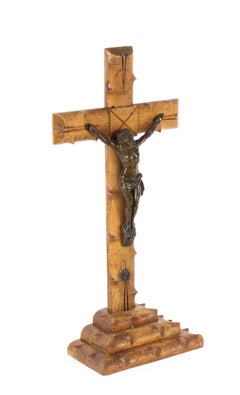 Antique French Dark Patinated Altar Corpus Christi Hardwood Cross & Base, 1900s