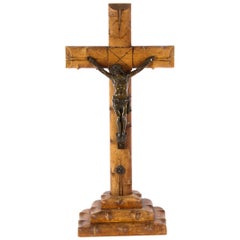Antique French Dark Patinated Altar Corpus Christi Hardwood Cross & Base, 1900s