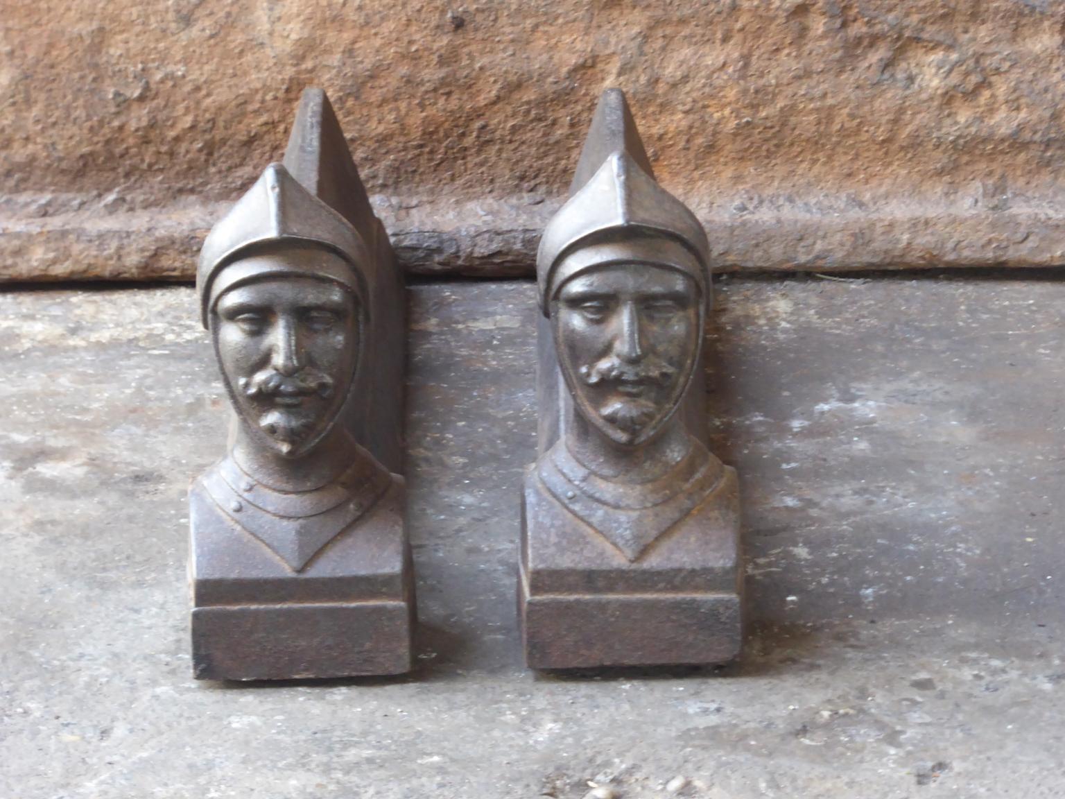 19th century French Napoleon III andirons of D'Artagnan, the best known hero of the Three Musketeers. The andirons are made of cast iron and have a natural brown patina. Upon request they can be made black / pewter. The condition is good.