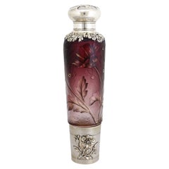 Antique French Daum Nancy Cameo Glass & Sterling Silver Opera or Carriage Flask