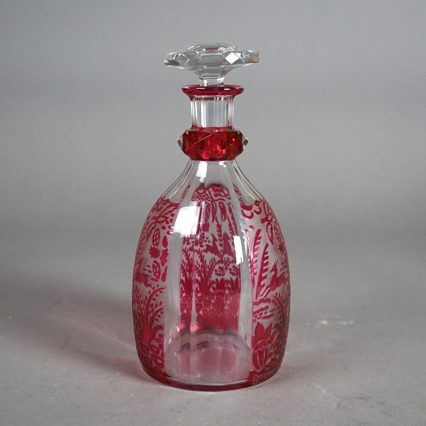 Antique French Daum Nancy Cranberry Cut to Clear Glass Decanter Circa 1920 In Good Condition In Big Flats, NY