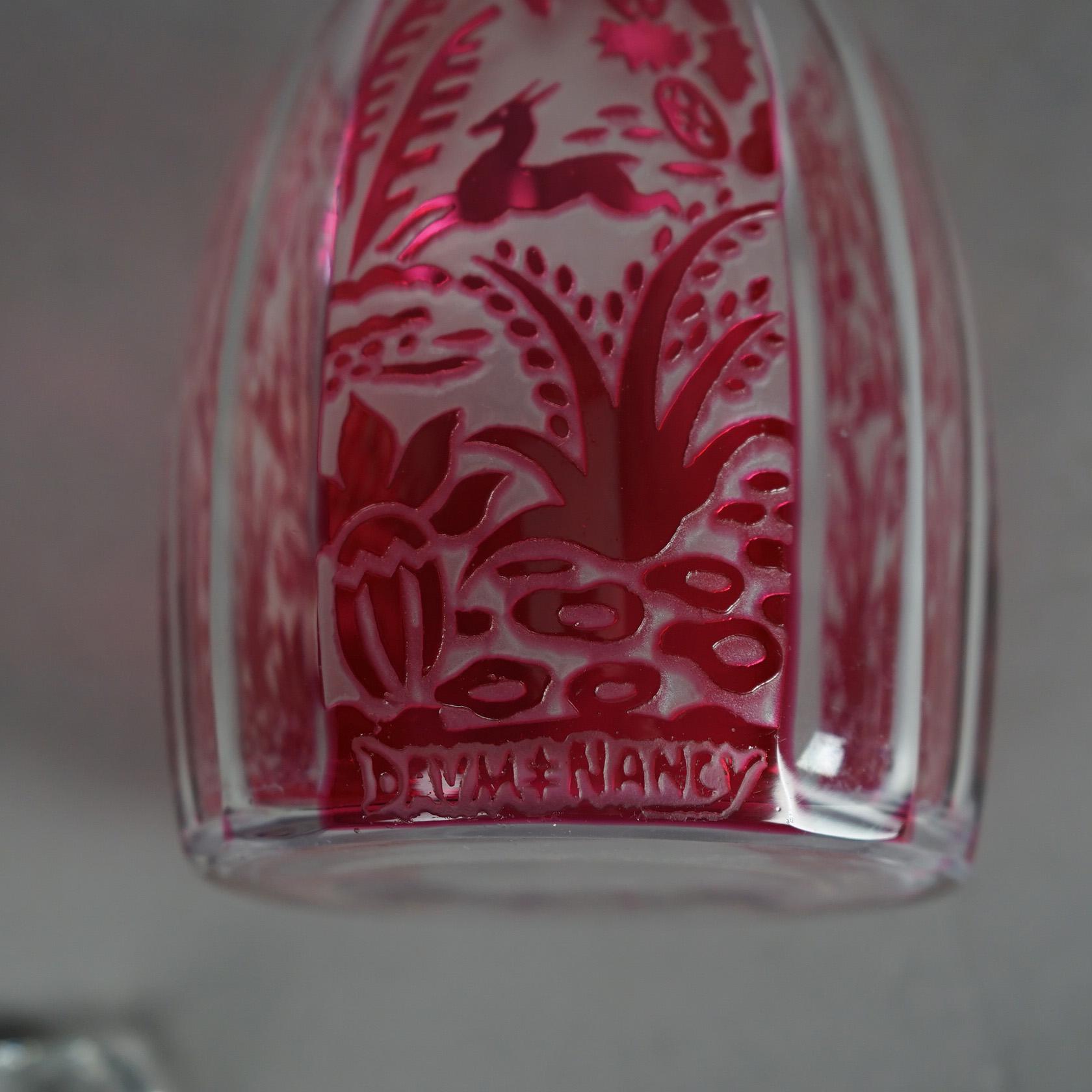 Antique French Daum Nancy Cranberry Cut to Clear Glass Decanter Circa 1920 1