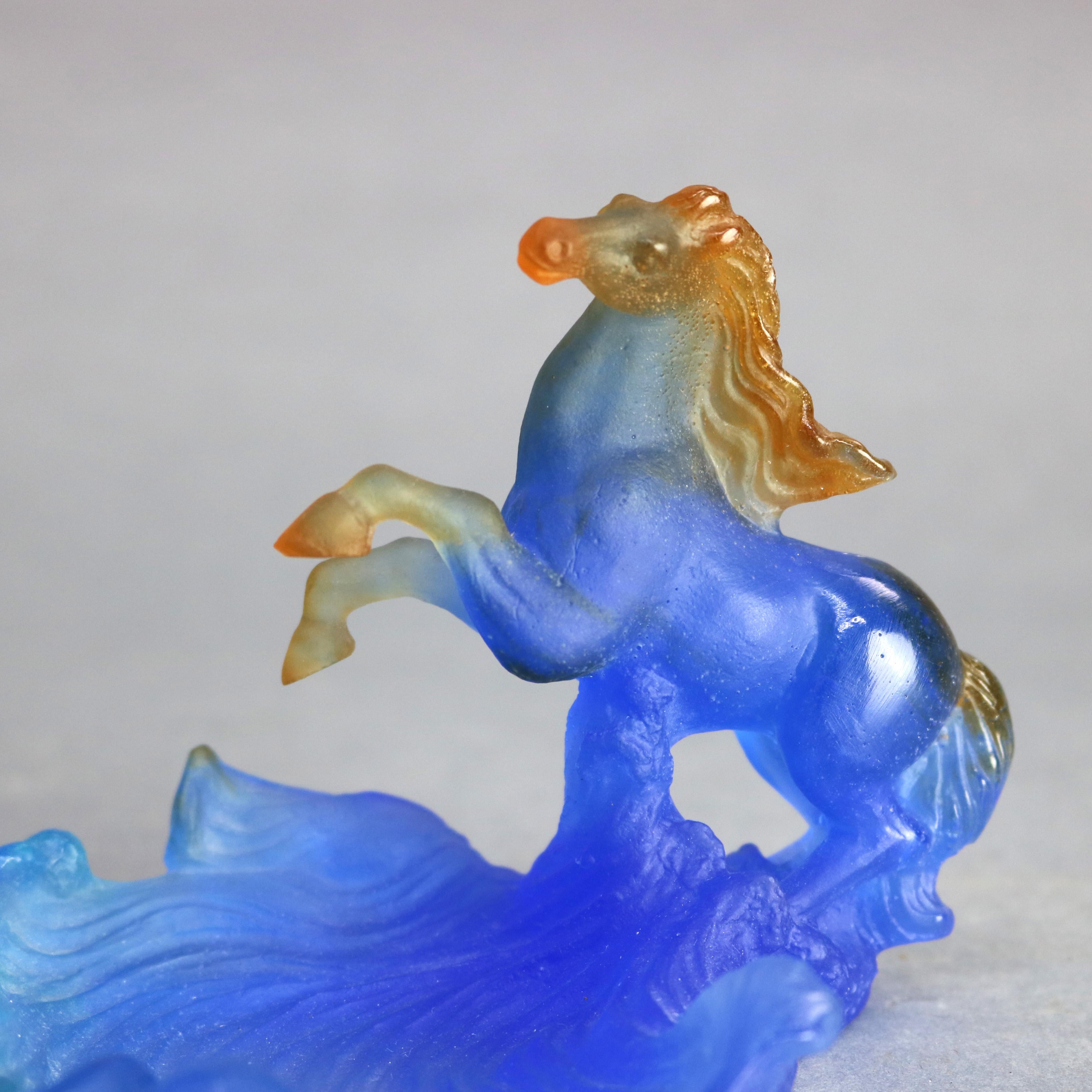 An antique French Art Nouveau figural dresser dish by Datum Nancy offers Pate de Verre art glass construction with horse over water form bowl, signed as photographed, 20th century.

Measures: 4.25