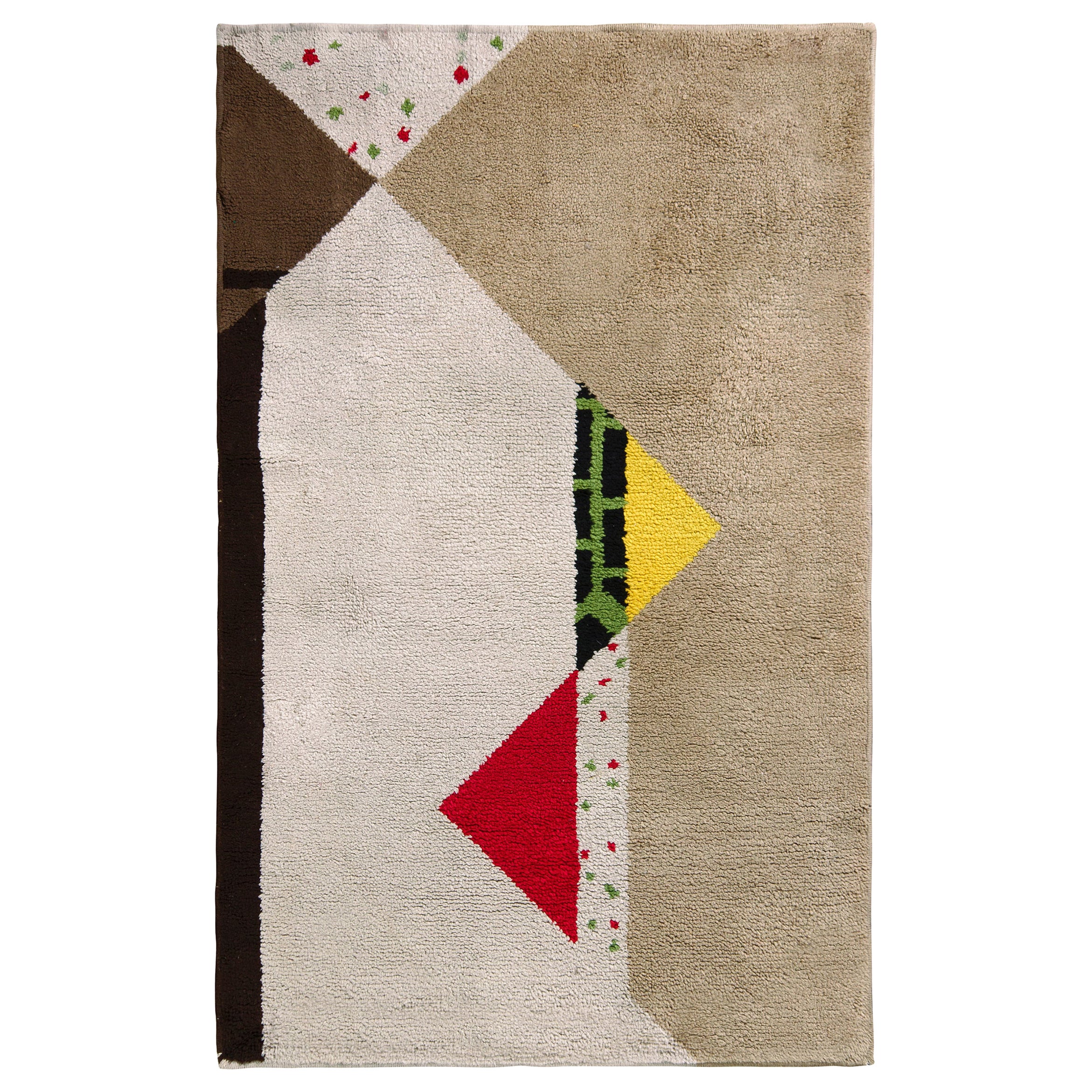 Antique French Deco Geometric Beige Brown Multicolor Wool Rug For Sale